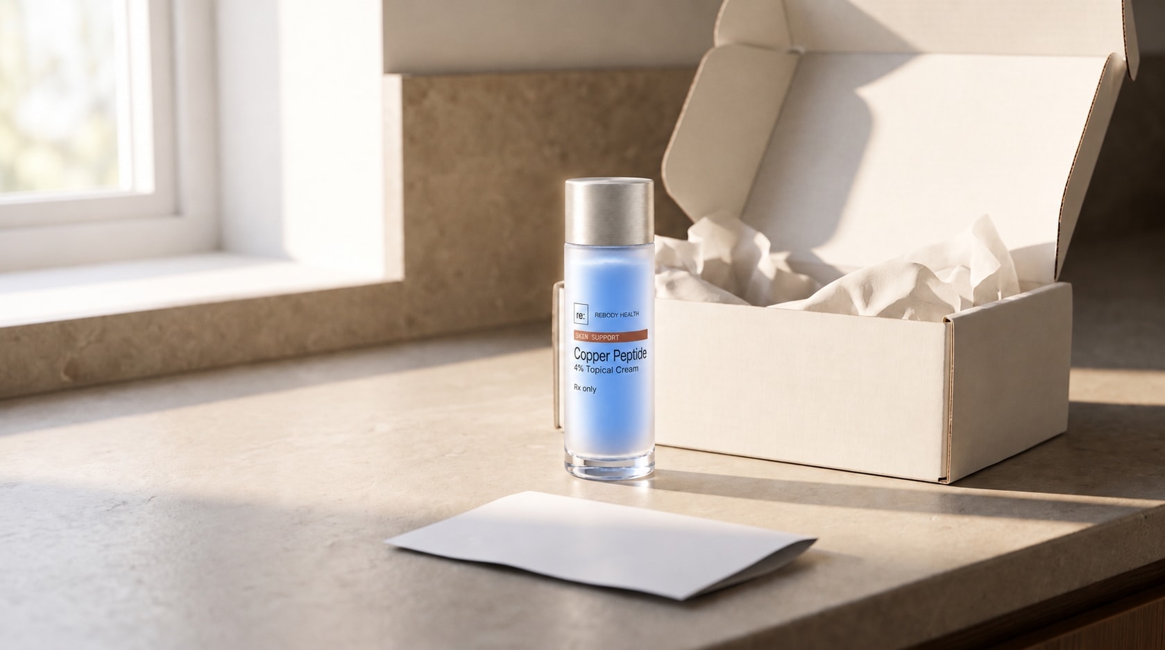 A plain shipping carton opened on a kitchen counter with the Copper Peptide cream and its printed directions.