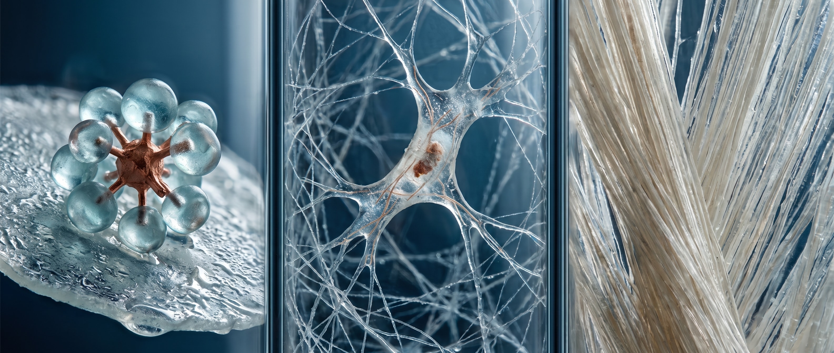Three glass panels showing a copper peptide complex, a fibroblast, and bundled collagen fibers.