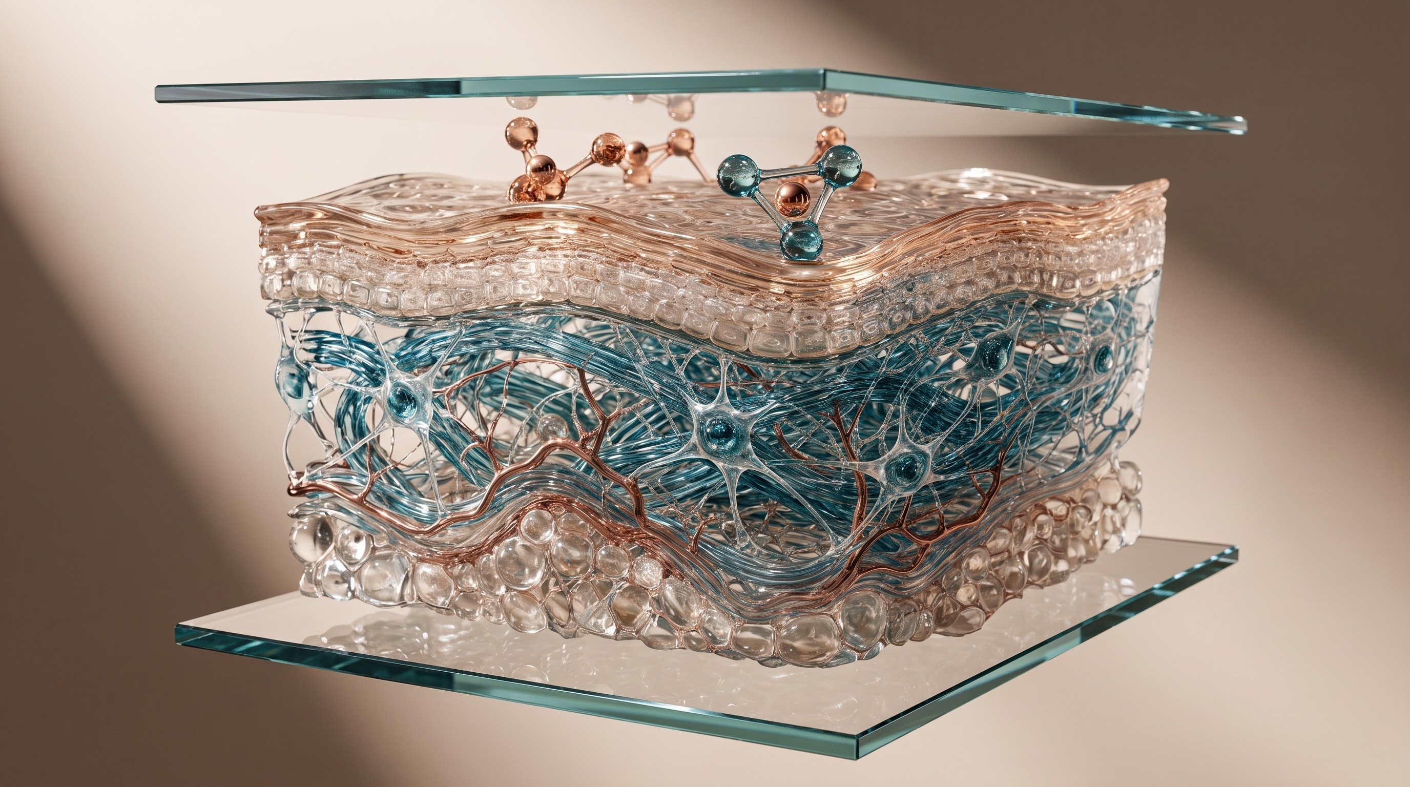 A glass cross-section of skin layers with a copper peptide complex above the surface and fibroblasts and collagen fibers below.