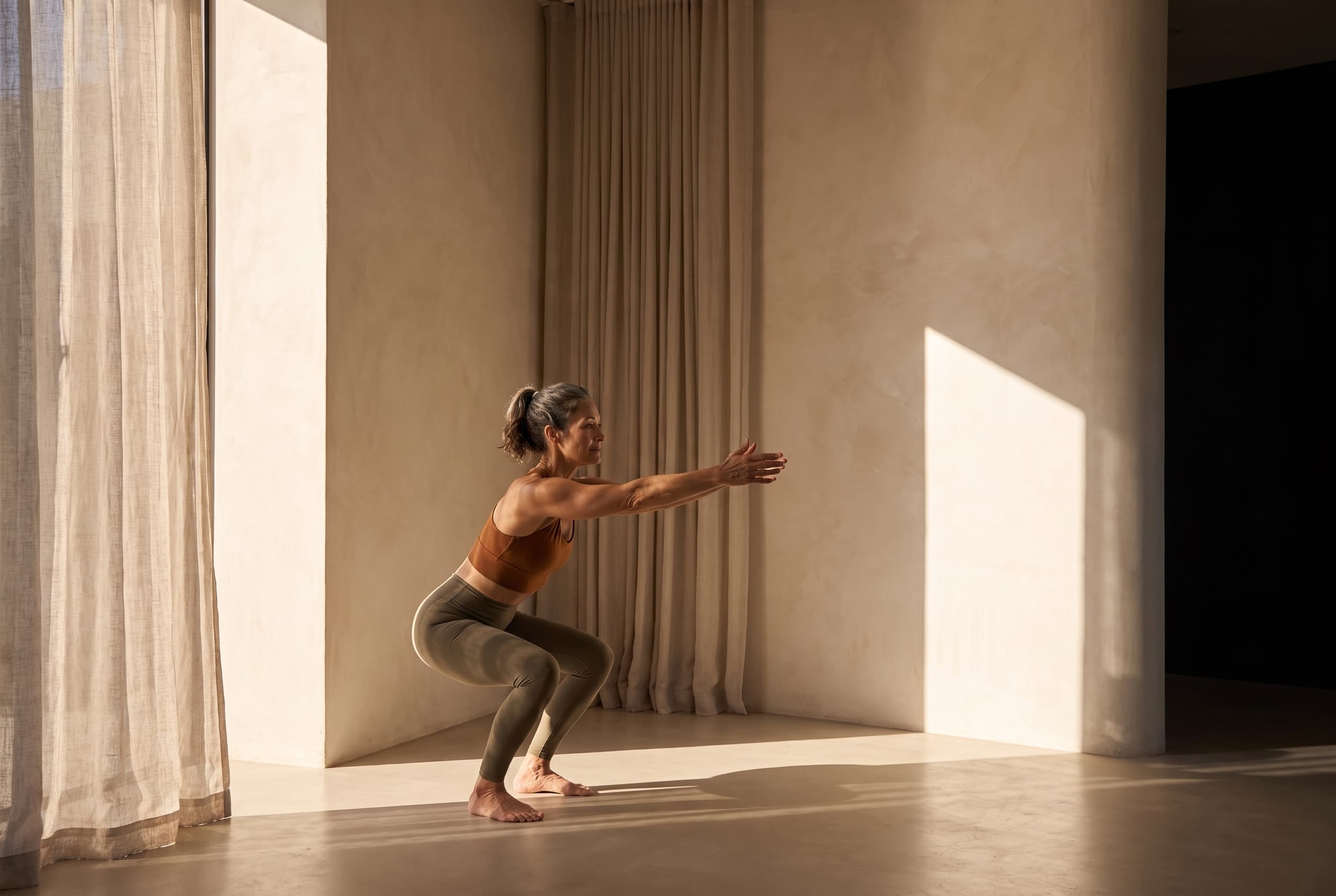 Older woman exercising in warm sunlight for an Epitalon healthy-aging guide