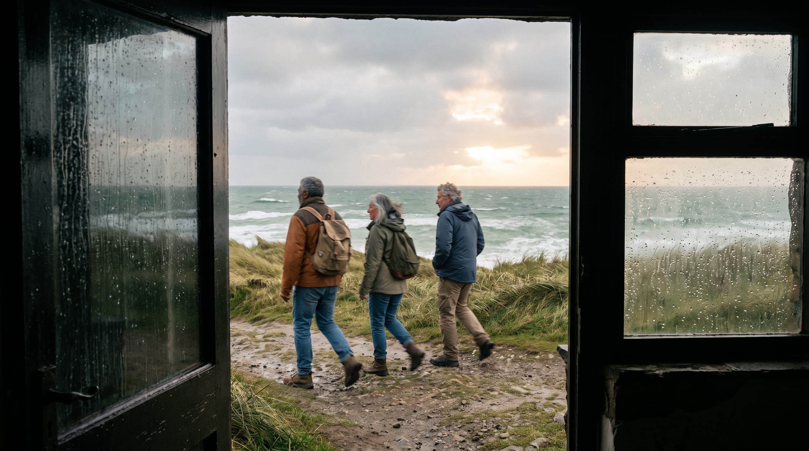 Three older friends walking toward the coast beyond a rain-marked window