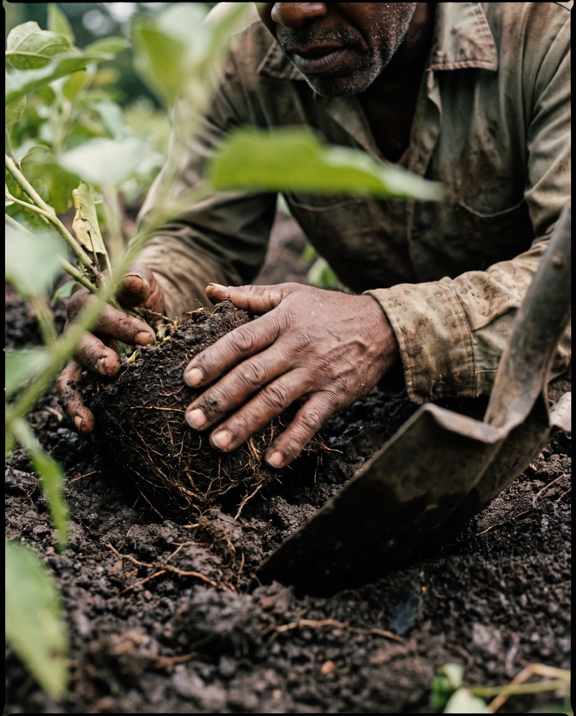 Older gardener pressing a root ball into dark soil with weathered hands