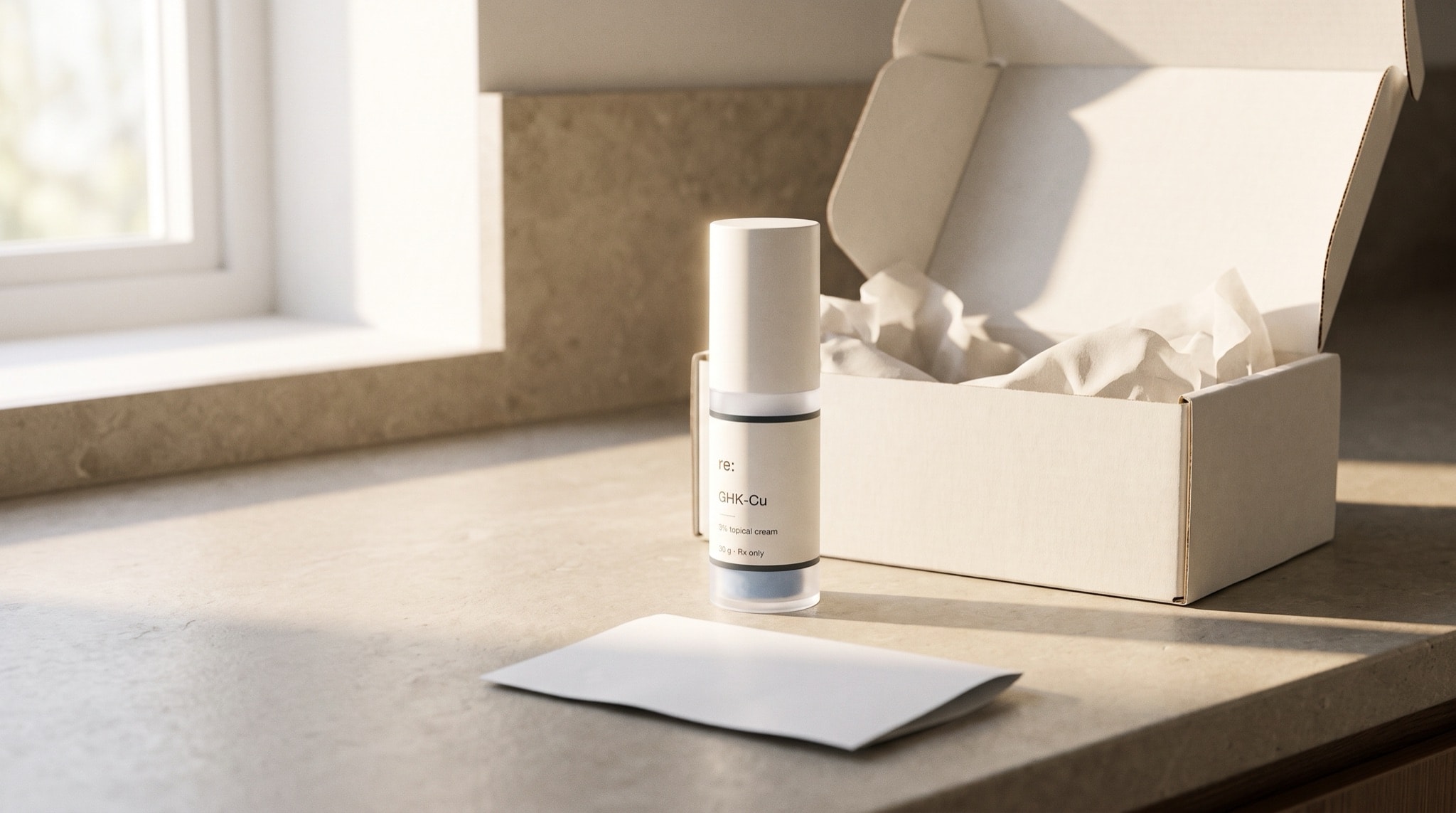A plain shipping carton opened on a kitchen counter with the GHK-Cu cream pump and its printed directions.