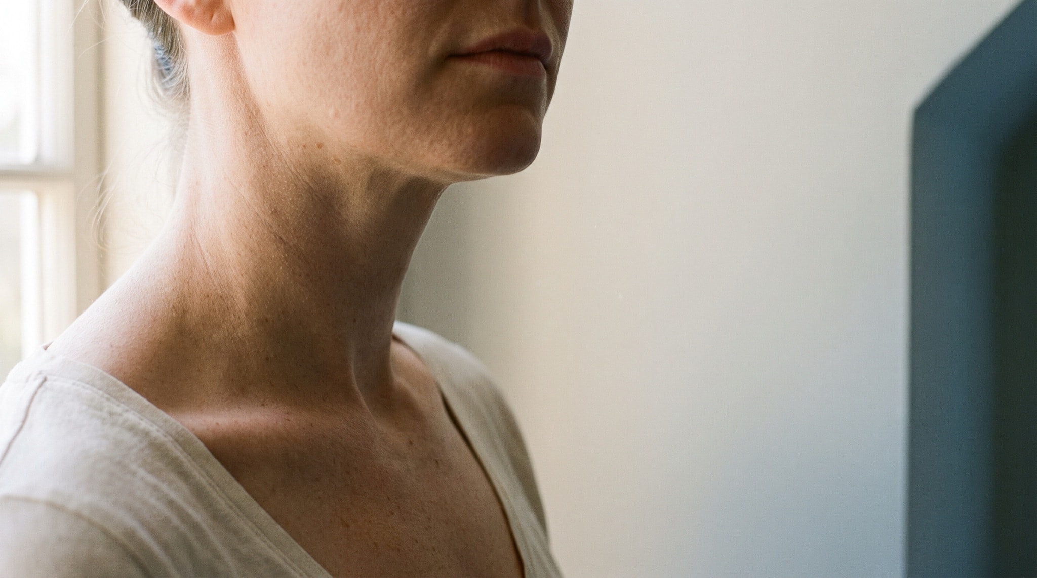 Bare skin in soft morning window light, shoulders and jawline in a quiet three-quarter turn.