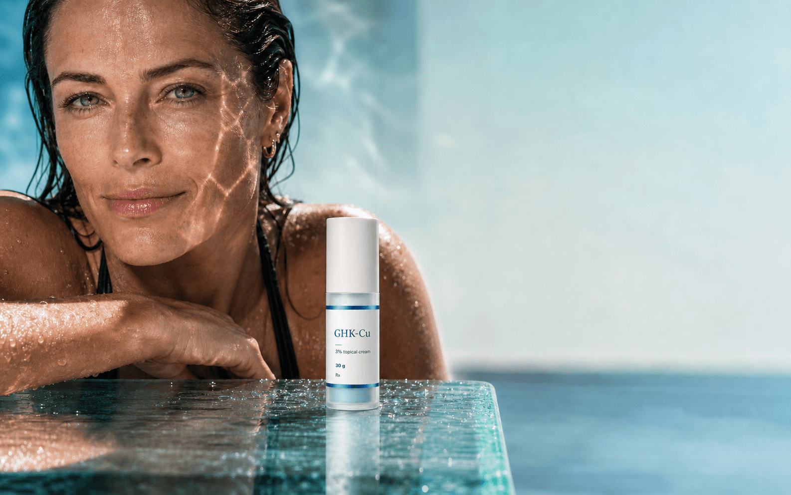 Woman with natural wet skin after a swim beside a GHK-Cu cream airless pump in sea-glass light.