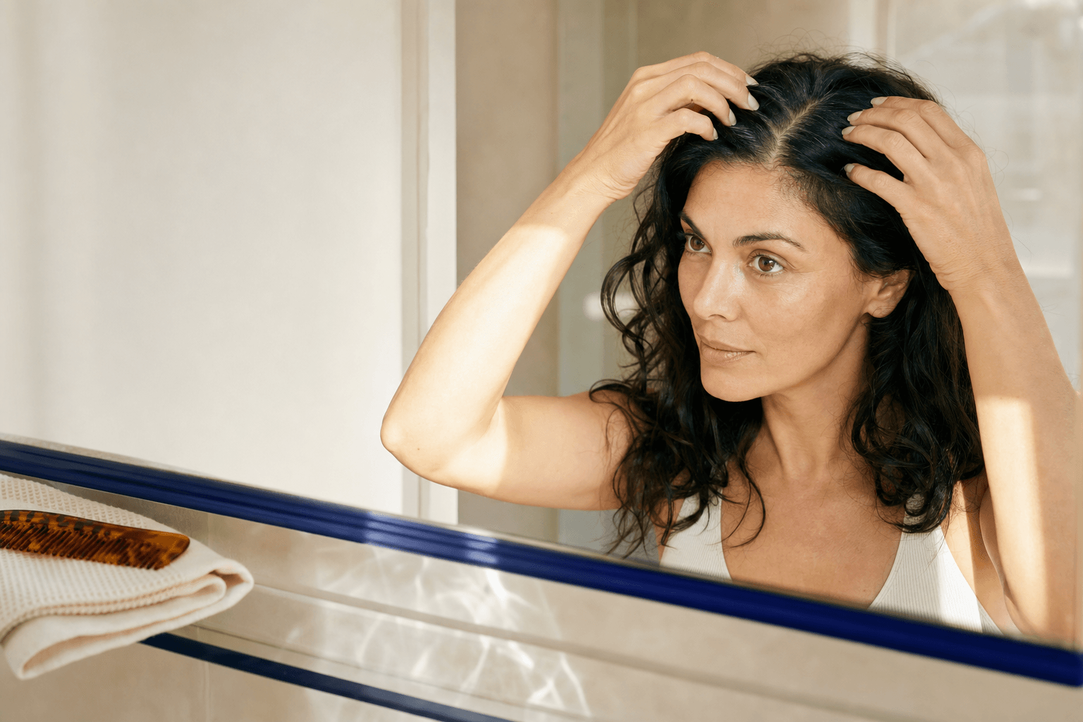 Woman checking the part at her crown in a sunlit mirror.
