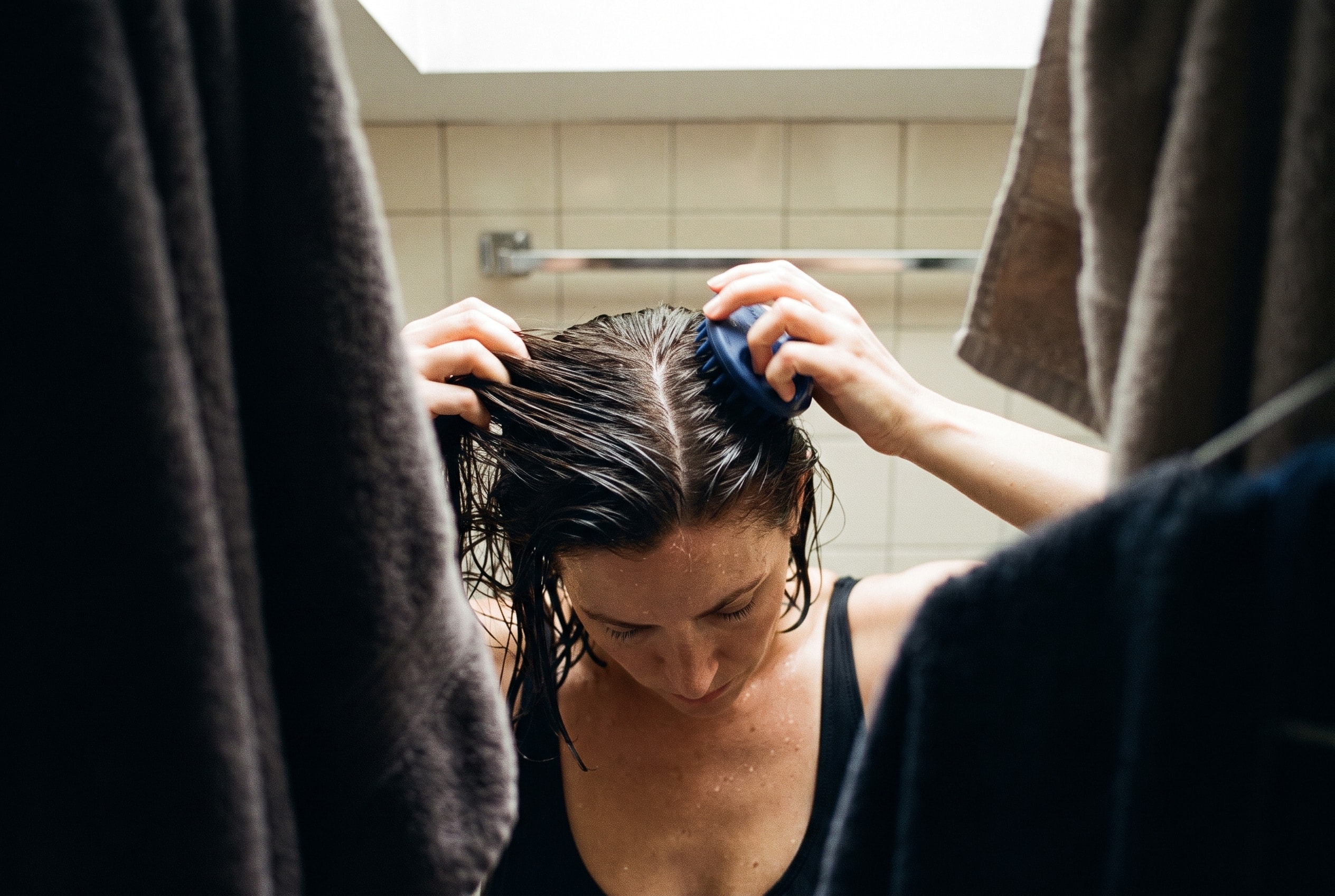 Woman parting her hair for a scalp routine, seen from overhead through a dark foreground frame.