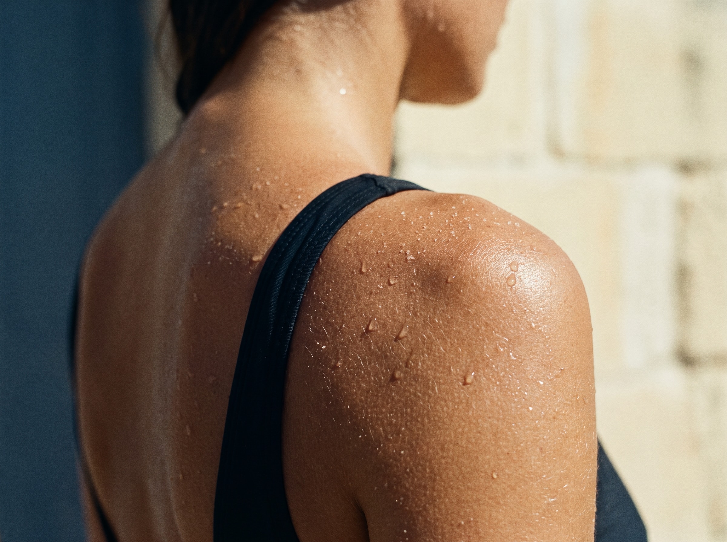 Hard morning sun across a bare shoulder still beaded with pool water.