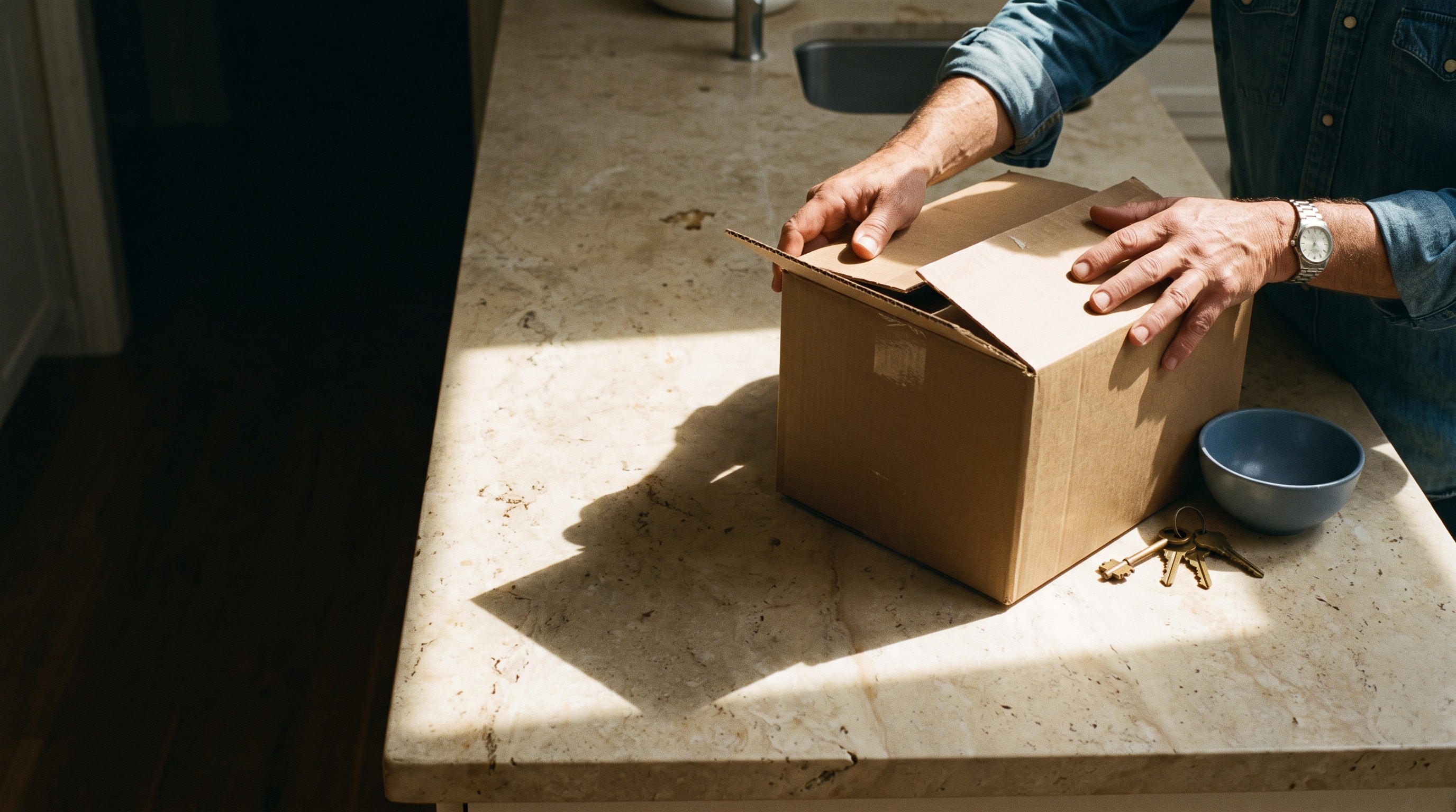 Hands opening a plain cardboard delivery box on a sunlit stone counter beside a set of keys.
