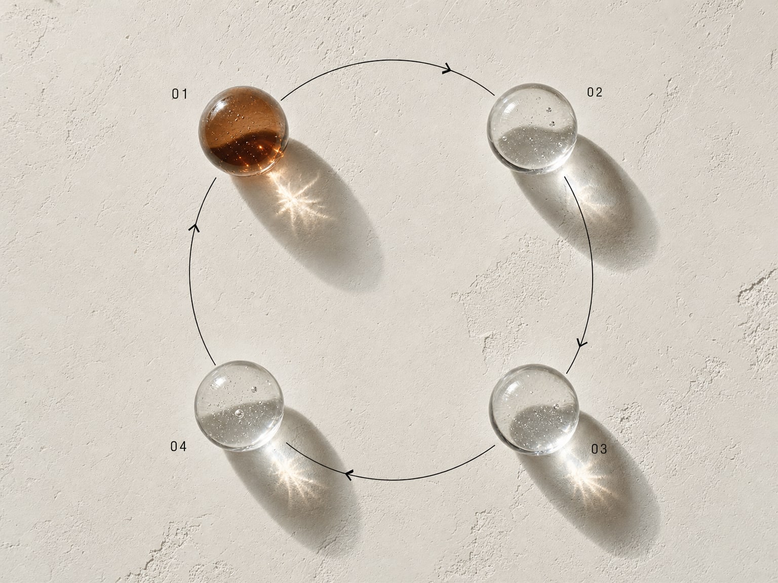 Four glass spheres arranged in a ring on pale plaster, joined by a drawn arrow that runs clockwise from one to the next and back to the start. The first sphere holds warm amber fluid and the other three are clear.