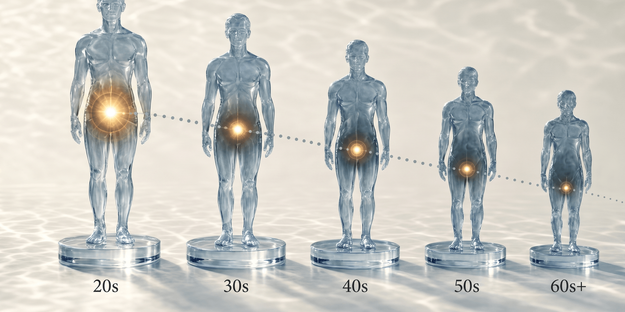 Five translucent glass human figurines in a row, shrinking from the 20s to the 60s+, each with a warm amber glow at its core that dims and descends along a dotted signal line — illustrating how growth-hormone rhythm fades with age.