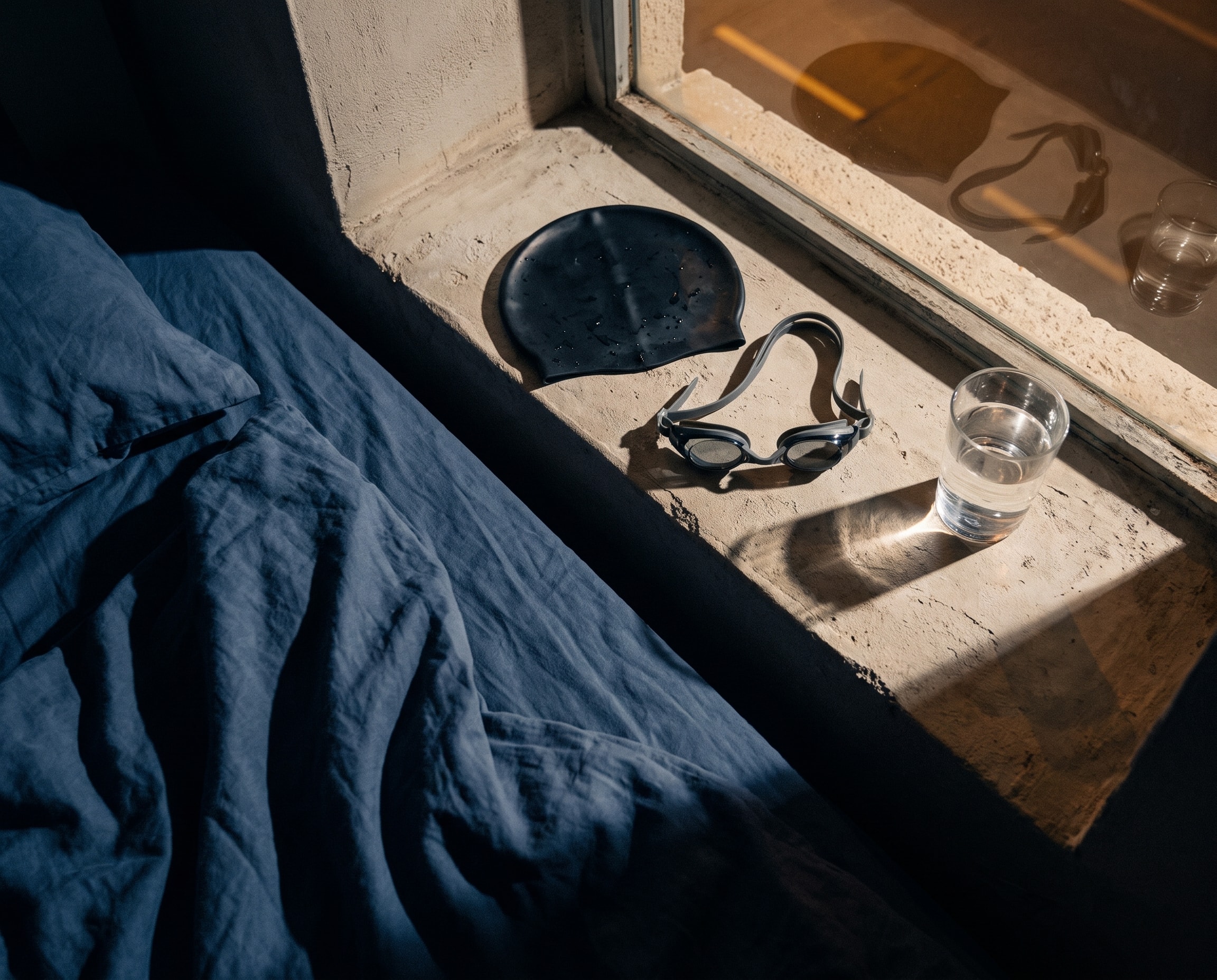 Sleep mask, water glass, and book arranged on a bedside ledge in warm evening light.