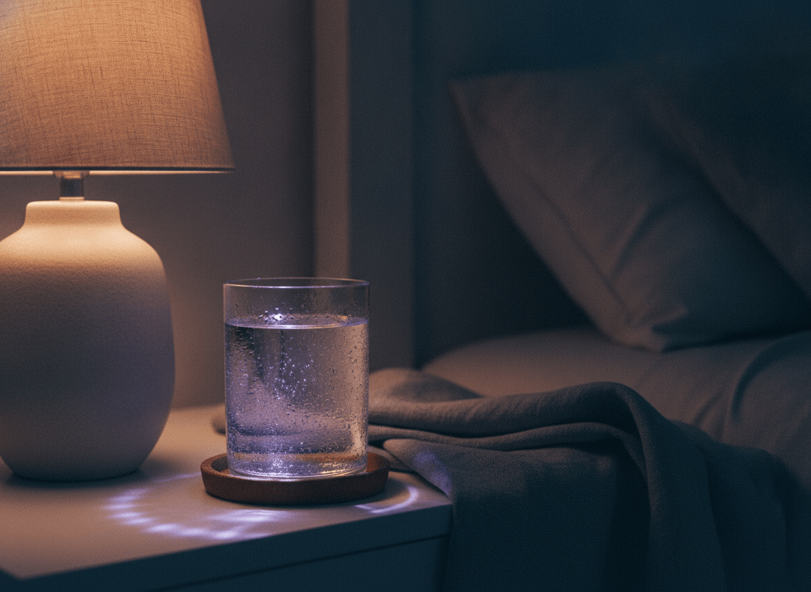 Calm bedtime scene: a warm lamp and a glass of water on a nightstand in low violet evening light.