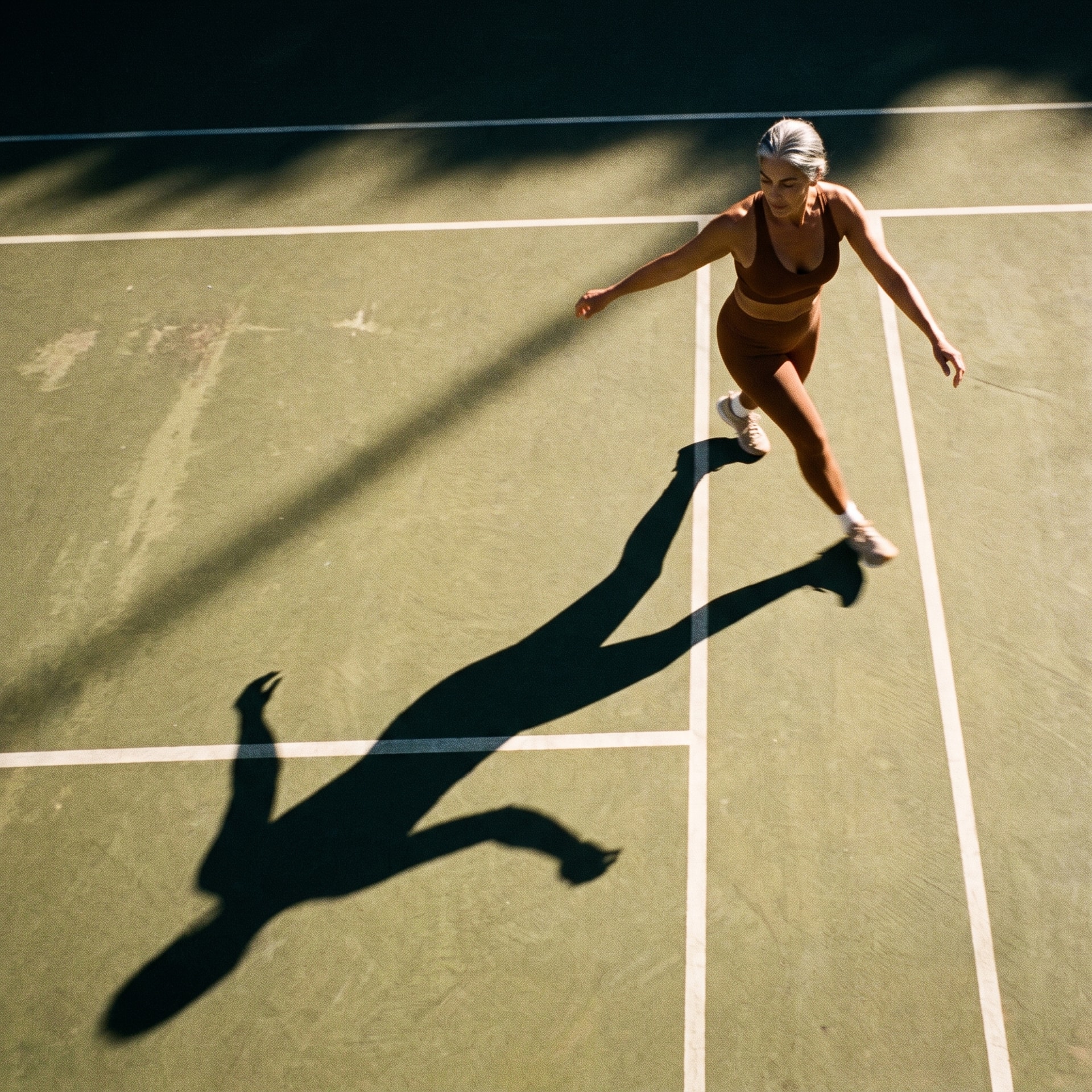 Woman moving across a sunlit court beside her long afternoon shadow.