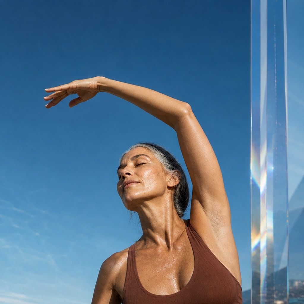 Older woman stretching outdoors against blue sky and prismatic morning light.