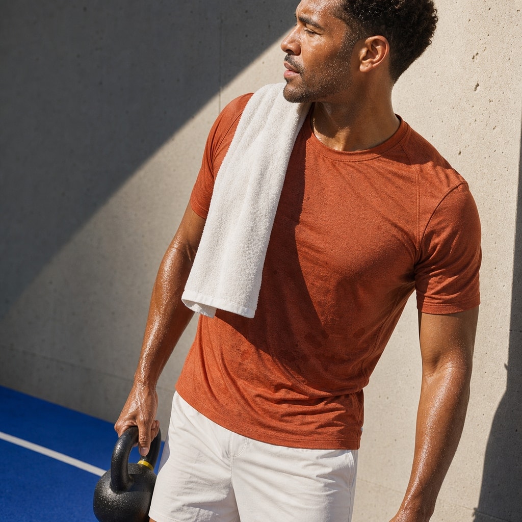 Man resting after strength training with a white towel in bright trackside light.