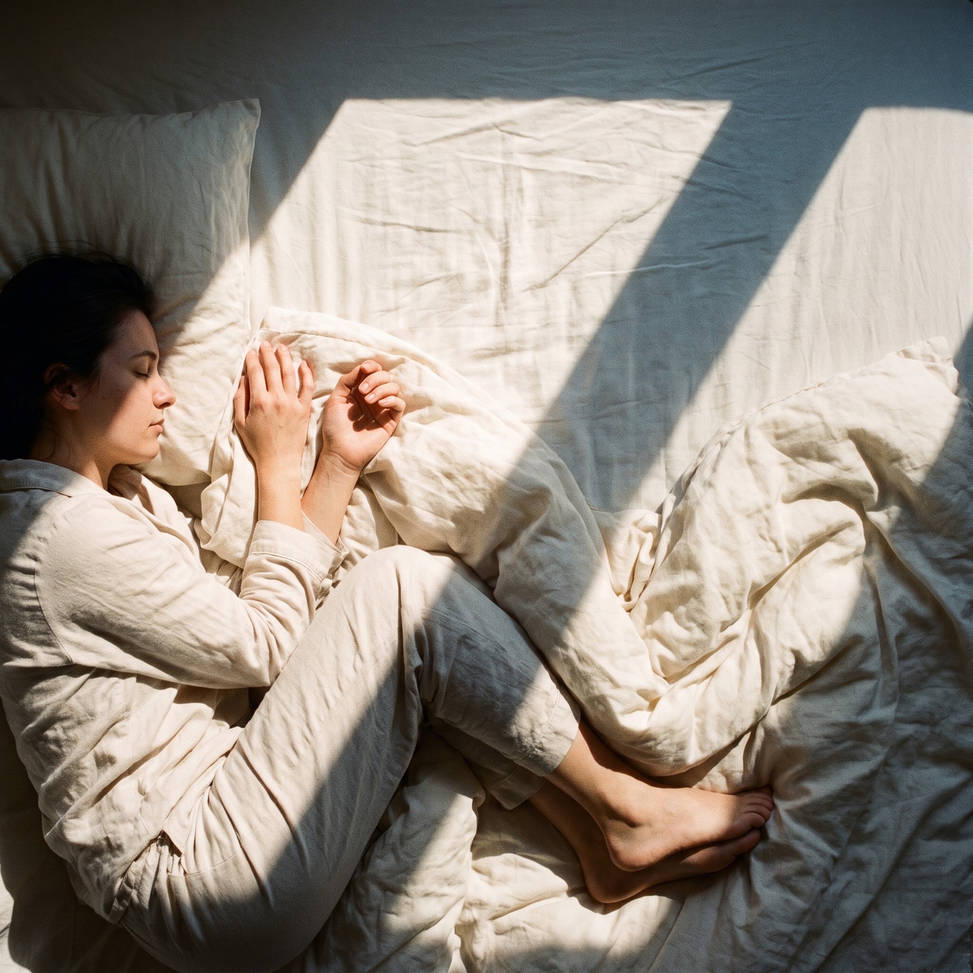 Sleeper resting in a bright bed crossed by strong geometric window light.