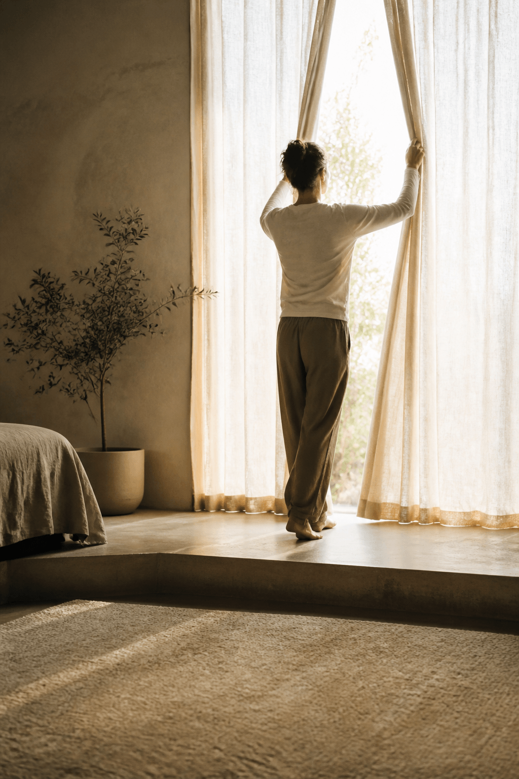 A woman opening linen curtains to warm morning light at home.