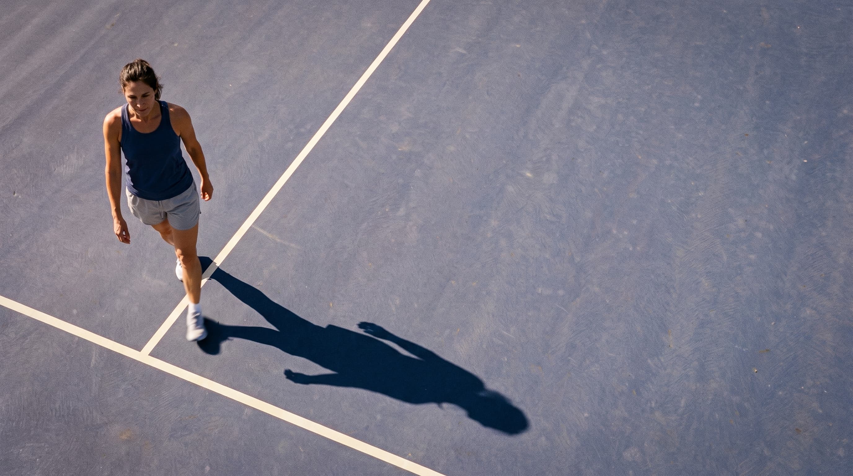 Athlete crossing a cobalt court beside a long hard-sun shadow