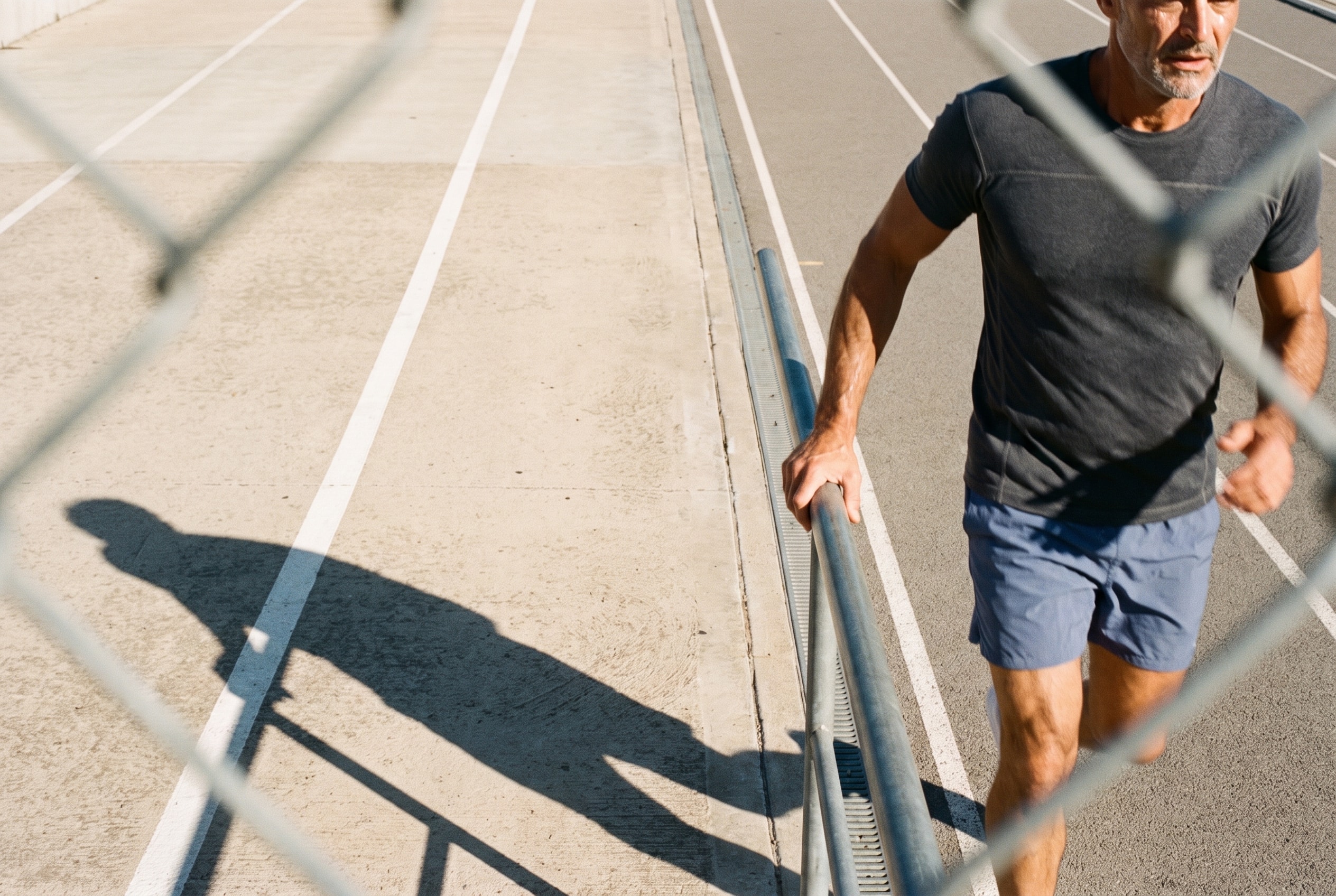 Older man running beside a sunlit track, viewed through a chain-link fence.