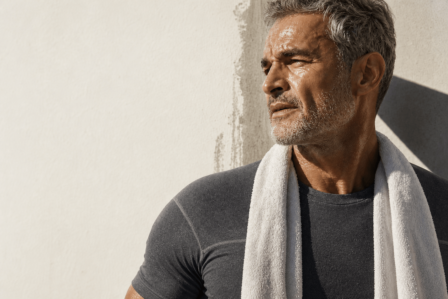Active older man cooling down after exercise in hard afternoon light.