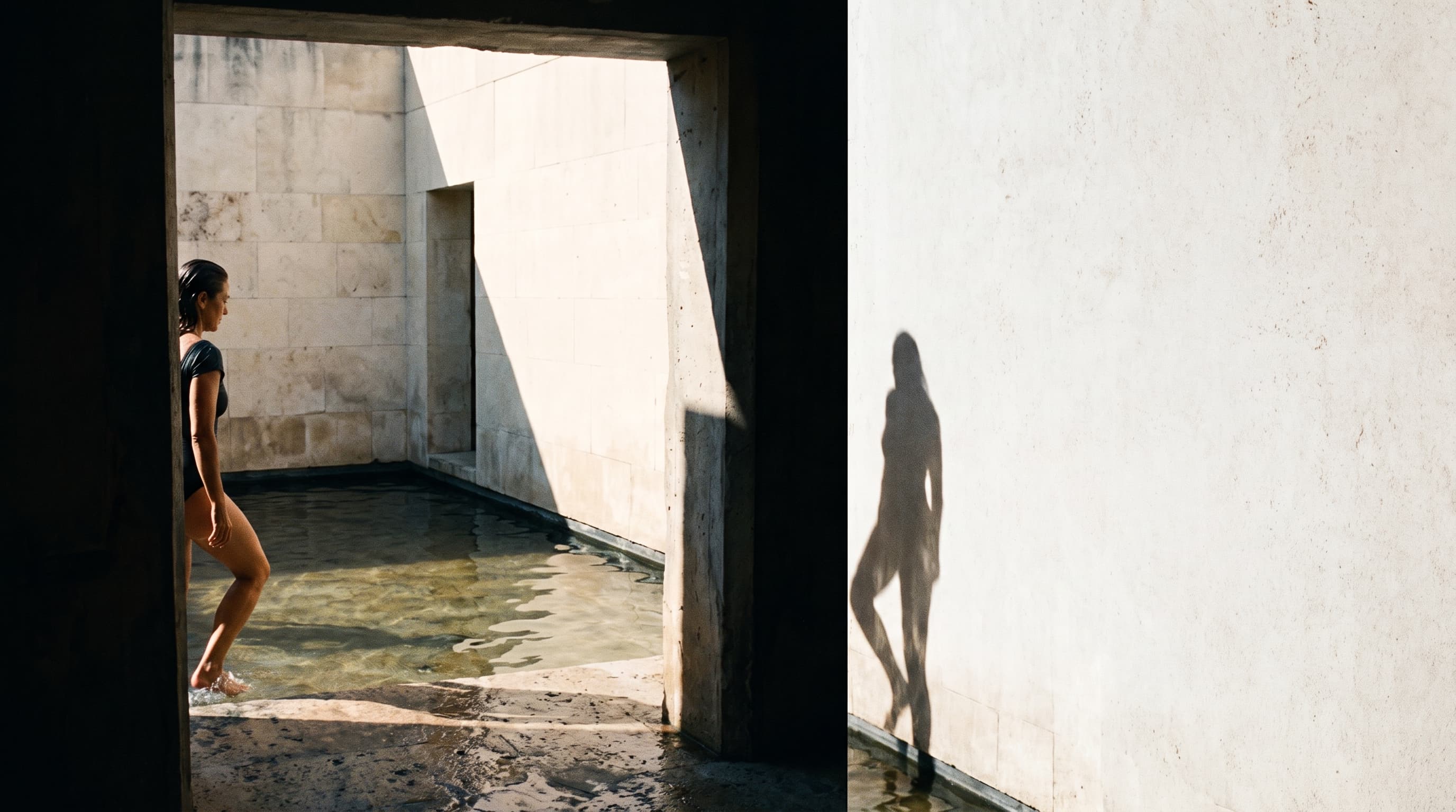 Swimmer crossing a sunlit stone passage beside a dark mineral pool
