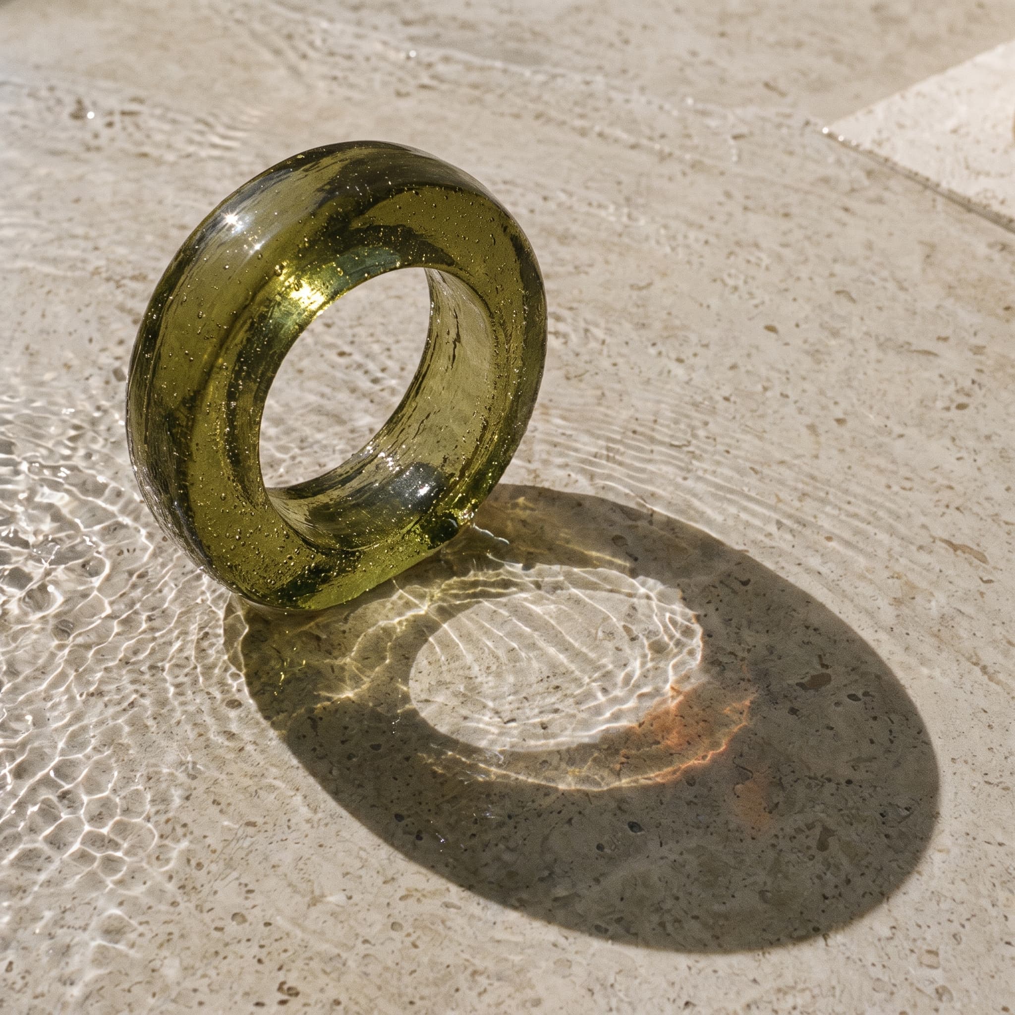 Translucent olive glass ring casting an oval shadow on speckled stone
