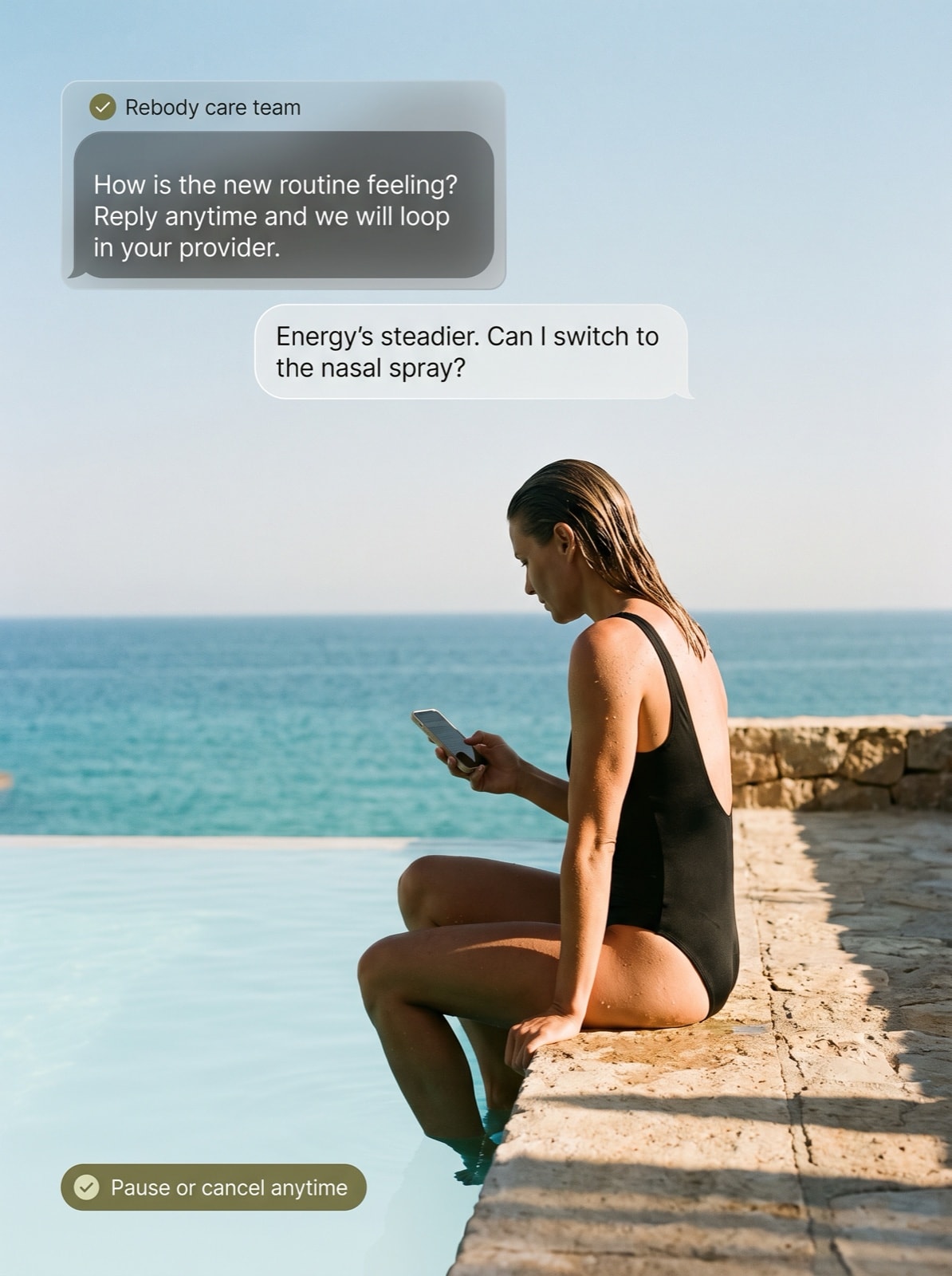 Woman at a pool edge reading a message from the Rebody care team asking how the new routine feels.