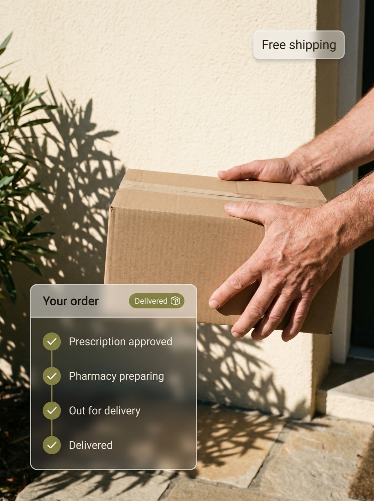 Hands lifting a shipping box at a doorstep beside an order tracker that reads prescription approved, pharmacy preparing, out for delivery, delivered.