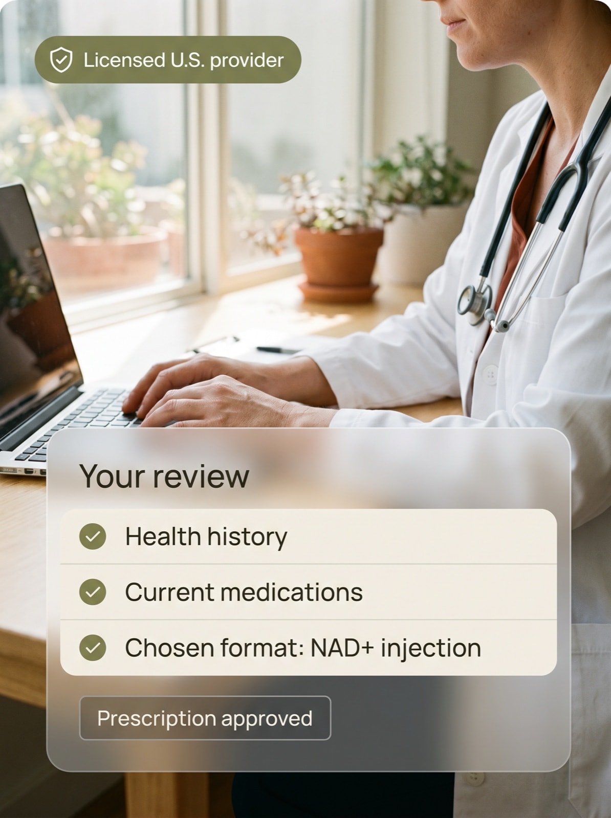 Clinician at a laptop beside a review card checking health history, current medications, and the chosen NAD+ format.