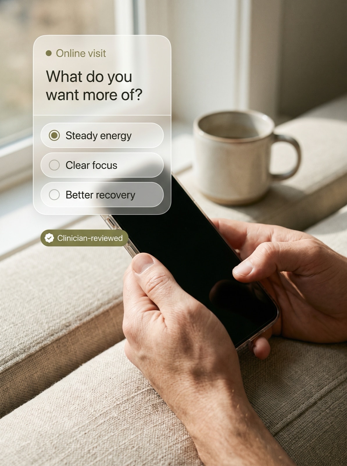 Hands holding a phone beside an online visit card asking what you want more of: steady energy, clear focus, or better recovery.