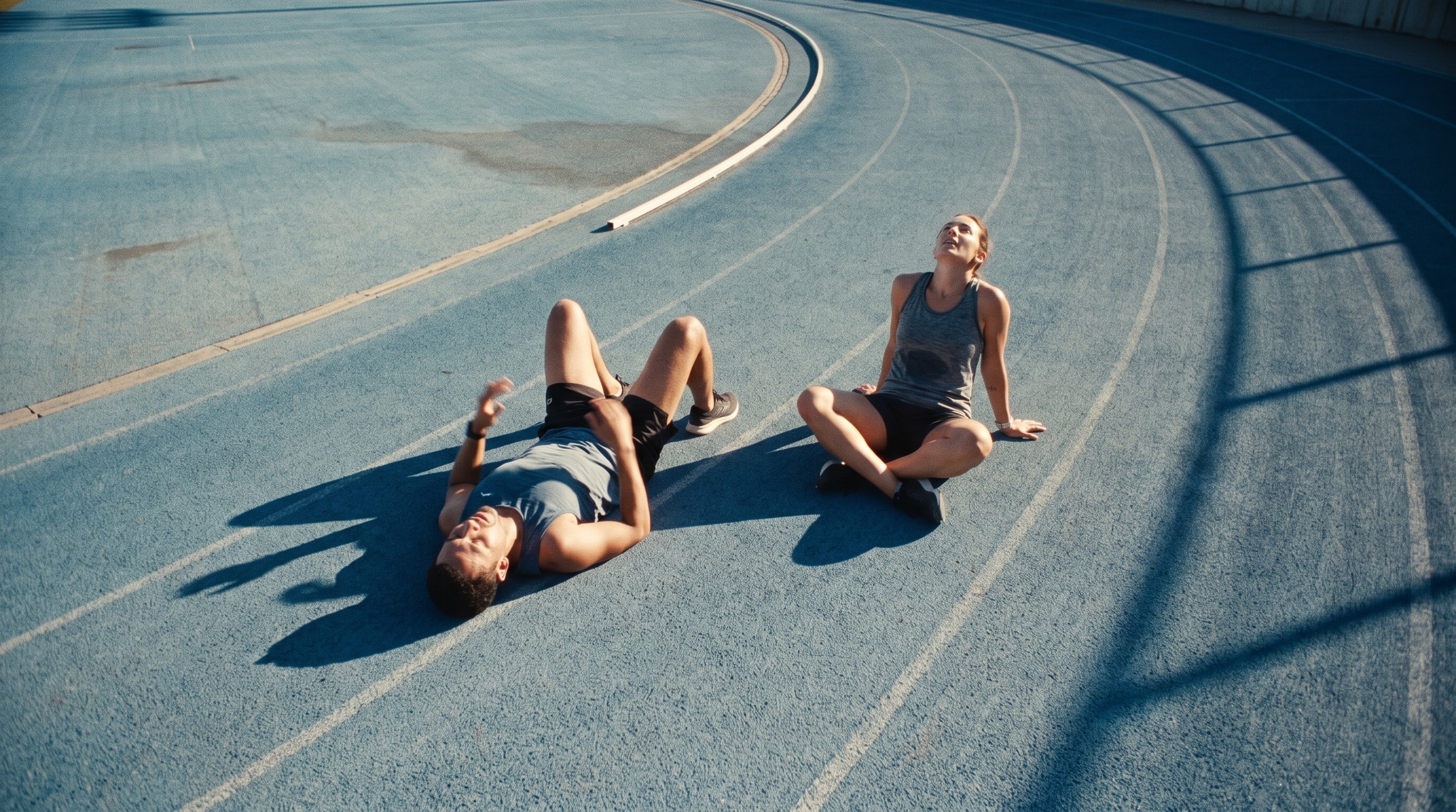 Three swimmers floating together in open blue water, seen from directly overhead.