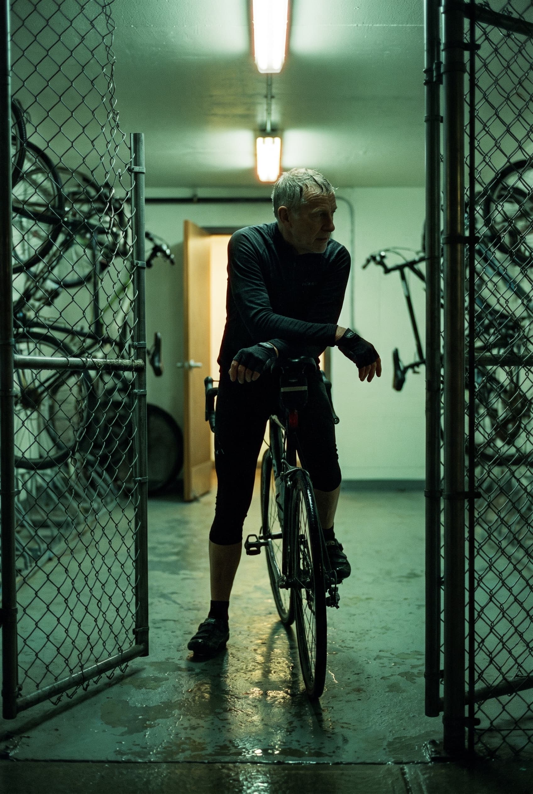 Older cyclist resting over a bicycle in a fluorescent equipment room