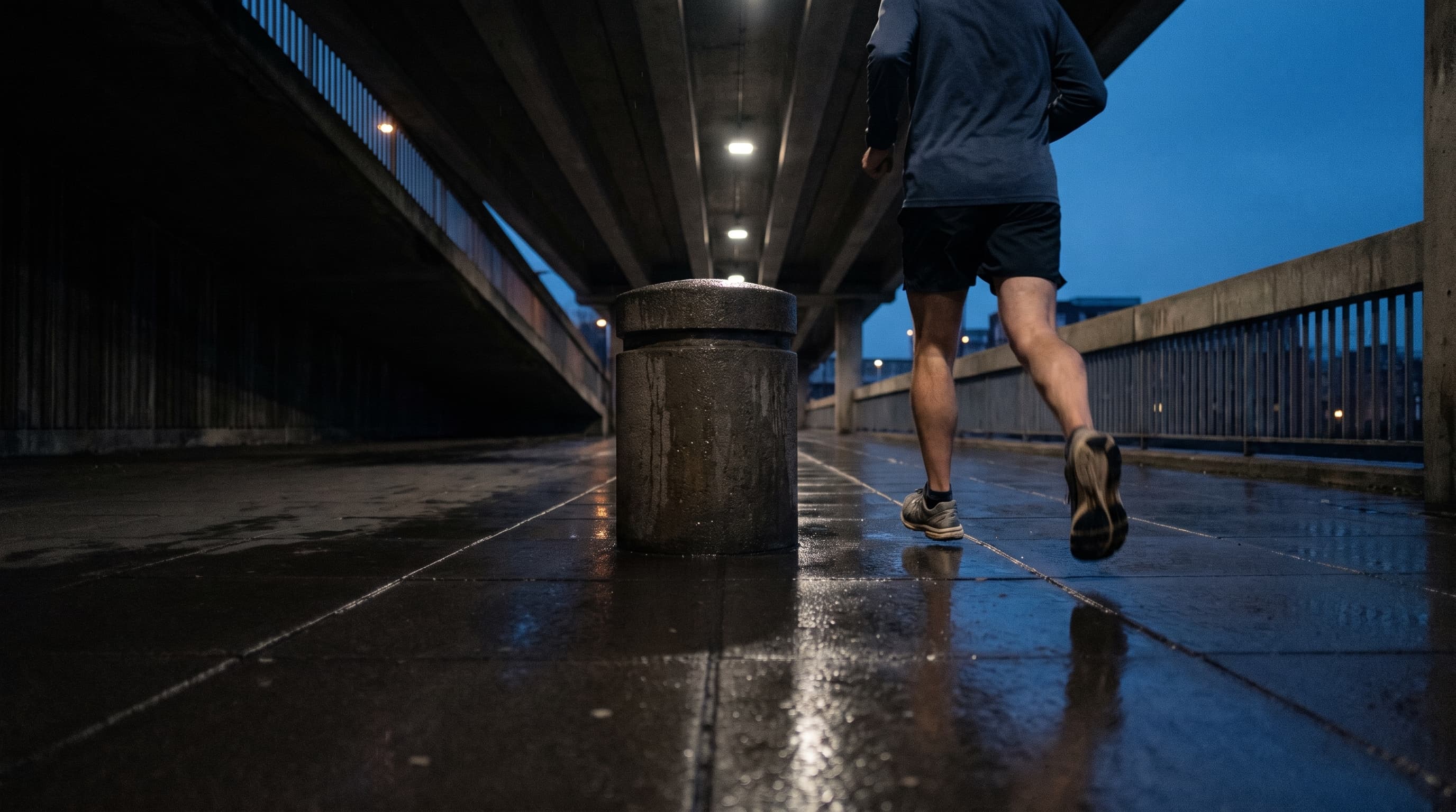 Runner moving beneath a concrete bridge on a wet path at blue hour