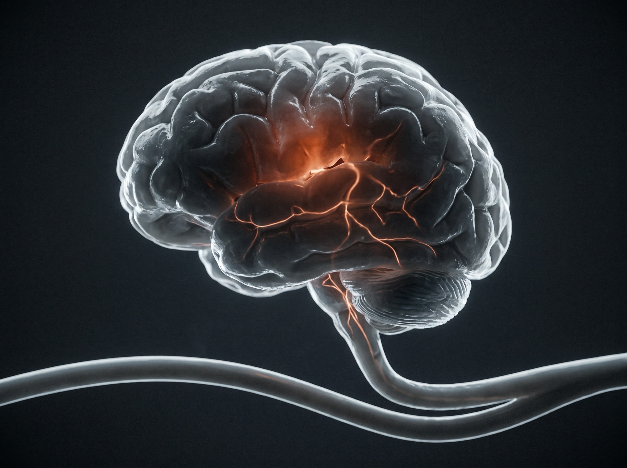A translucent human brain with one deep central region lit warm rust, its signal branching down through the brain stem, above a cool unlit blood vessel that runs past below it.