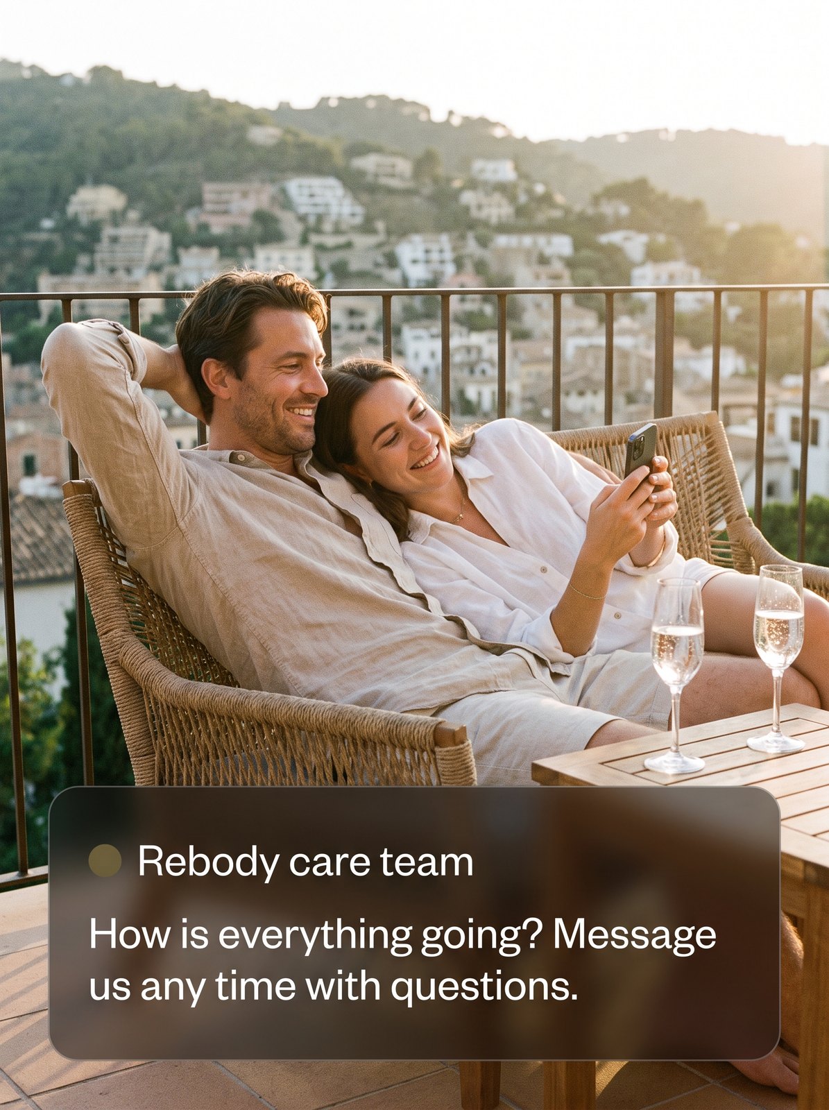 An adult couple relaxes on a sunlit balcony above a hillside town while she reads a message from the "Rebody care team": "How is everything going? Message us any time with questions."