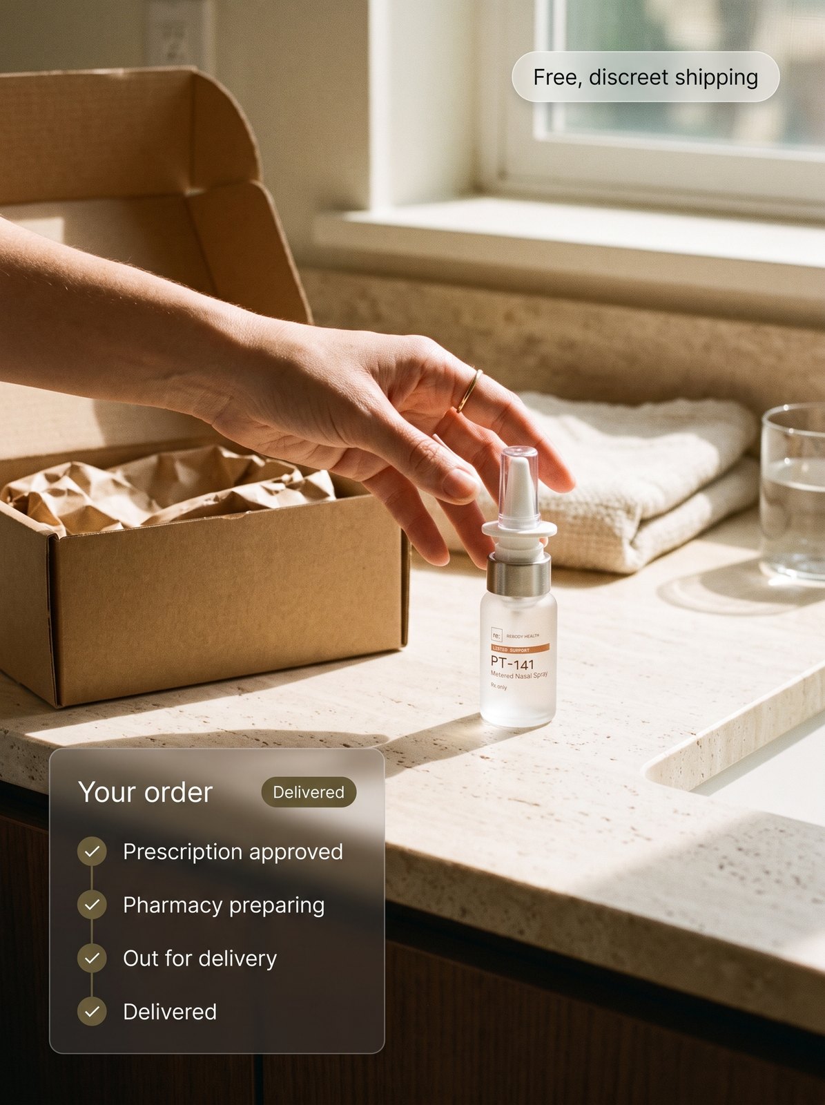 A hand reaches for a frosted PT-141 metered nasal spray on a sunlit travertine counter beside an opened plain shipping box. A badge reads "Free, discreet shipping", and an order card reads "Your order", "Delivered", with the steps prescription approved, pharmacy preparing, out for delivery, and delivered.