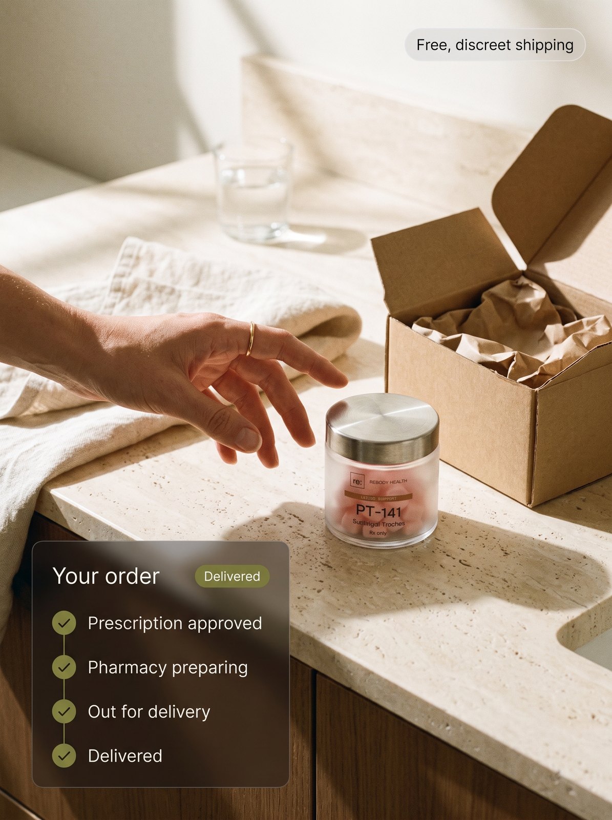 A hand reaches for a jar of PT-141 sublingual troches on a sunlit travertine counter beside an opened plain shipping box. A badge reads "Free, discreet shipping", and an order card reads "Your order", "Delivered", with the steps prescription approved, pharmacy preparing, out for delivery, and delivered.