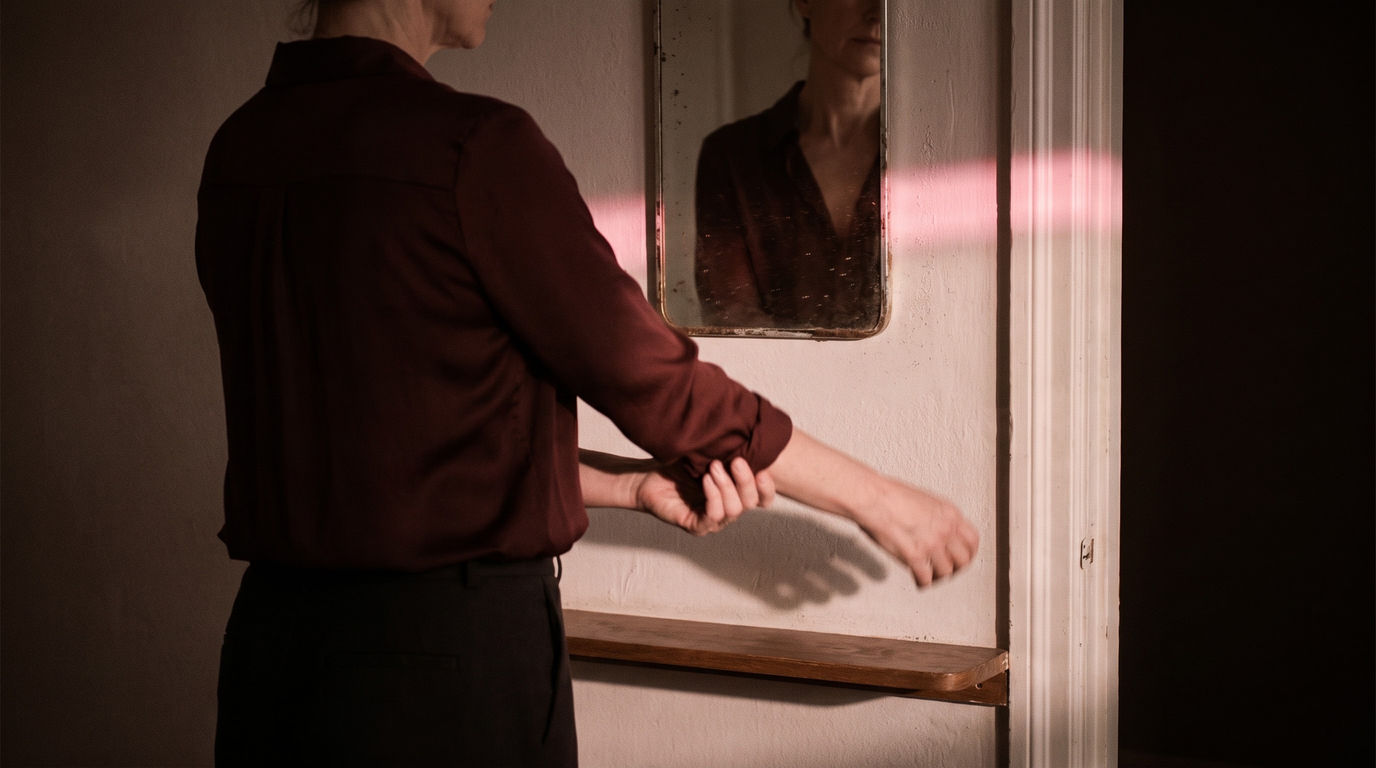 A woman rolling back a sleeve beside a mirror in warm light.