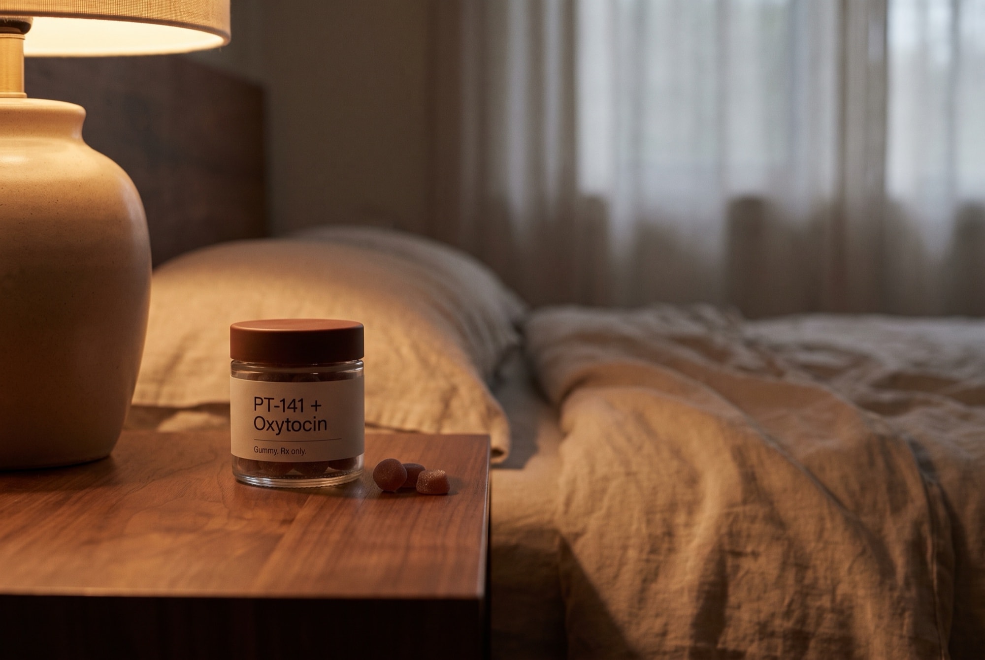 A jar of rose-coloured gummies on a walnut nightstand beside rumpled linen in warm lamplight.