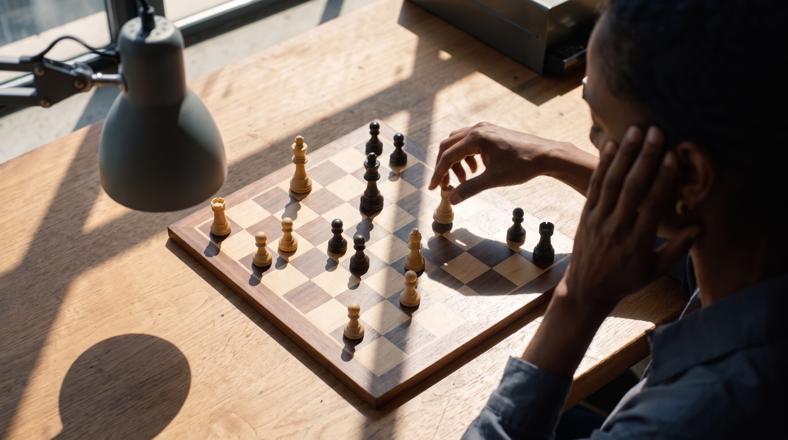 Woman studying a sparse chess position at a sunlit wood desk.