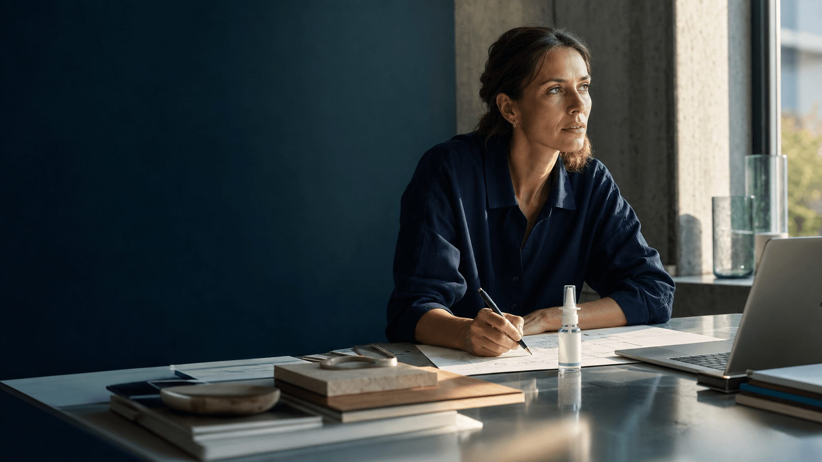 A woman working with clear attention at a sunlit desk beside a nasal spray.