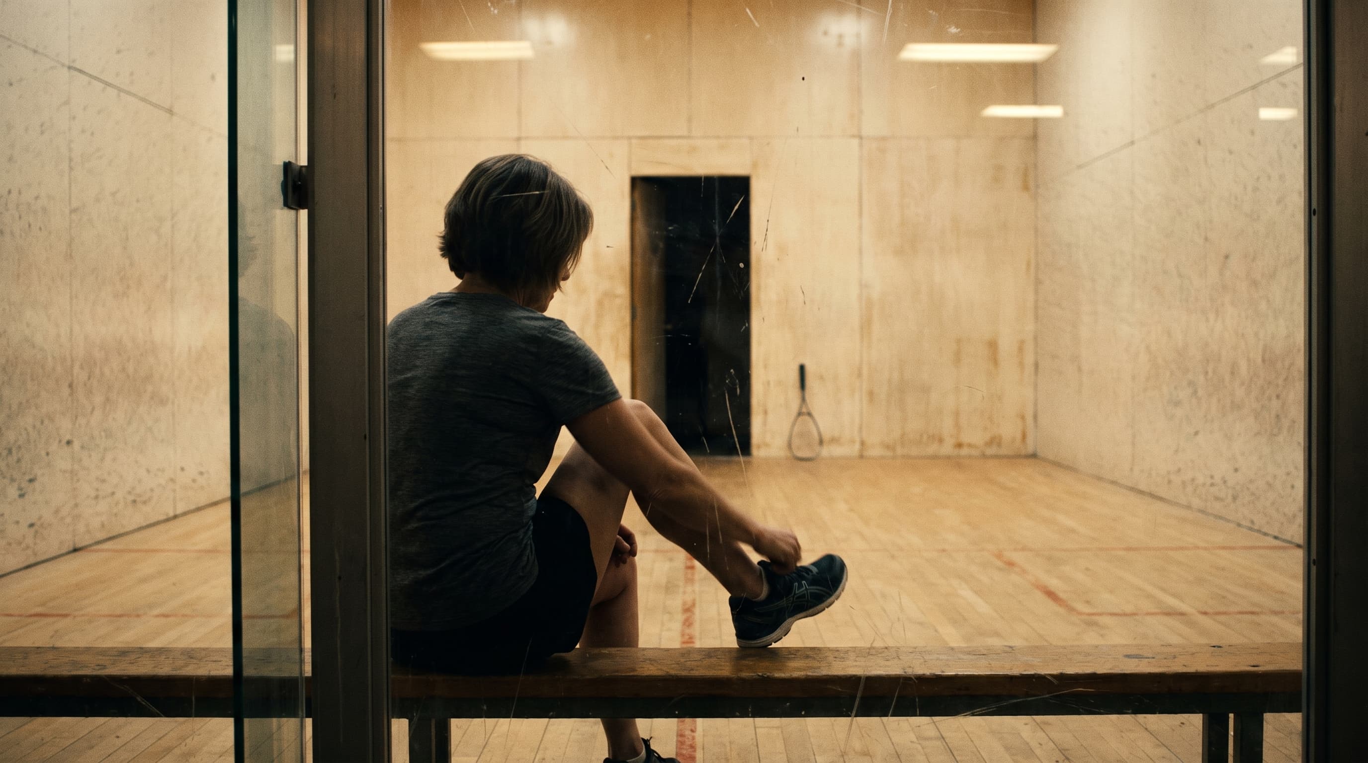 Adult athlete resting on a bench outside an empty squash court after training
