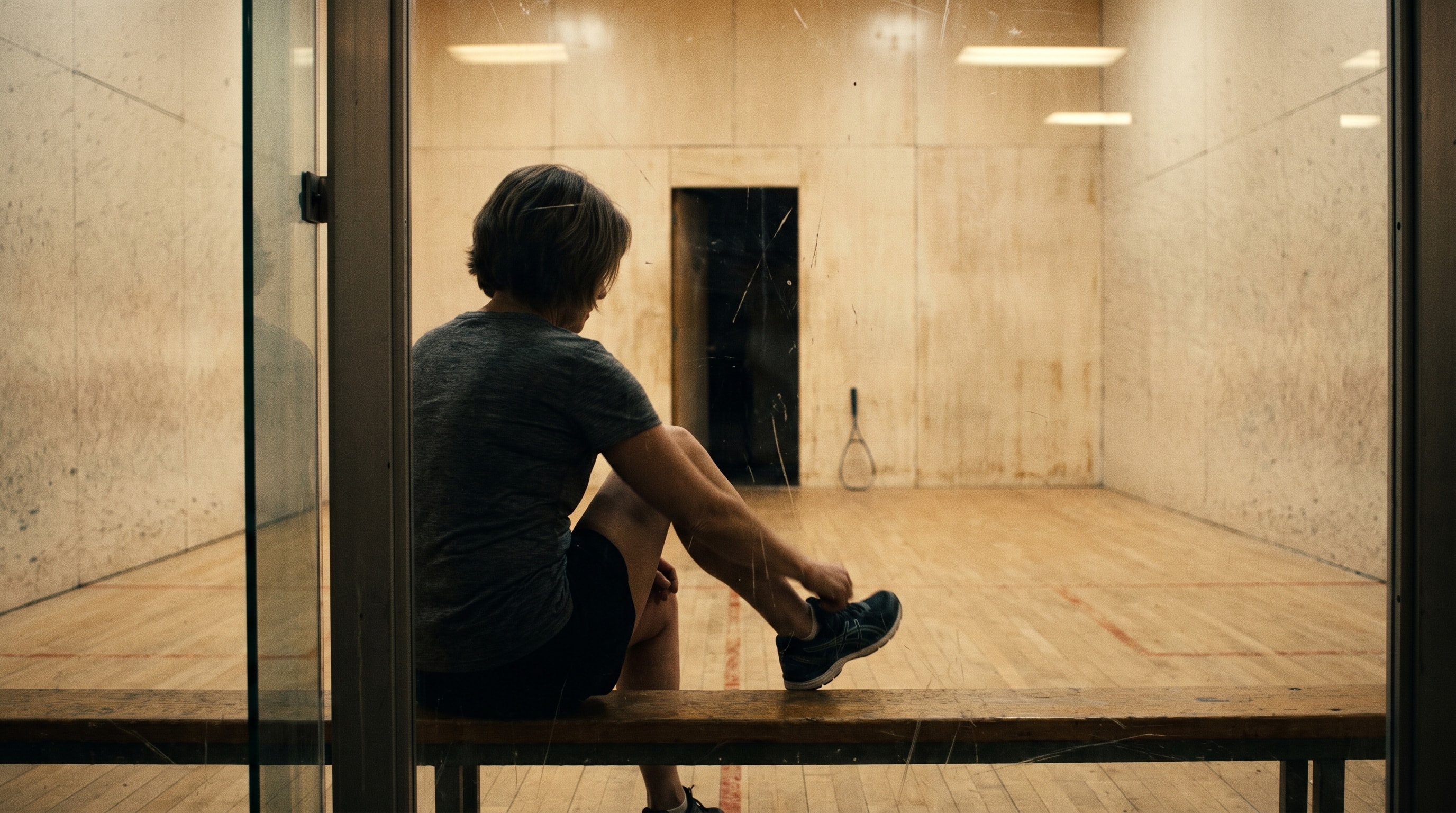 Adult athlete resting on a bench outside an empty squash court after training.