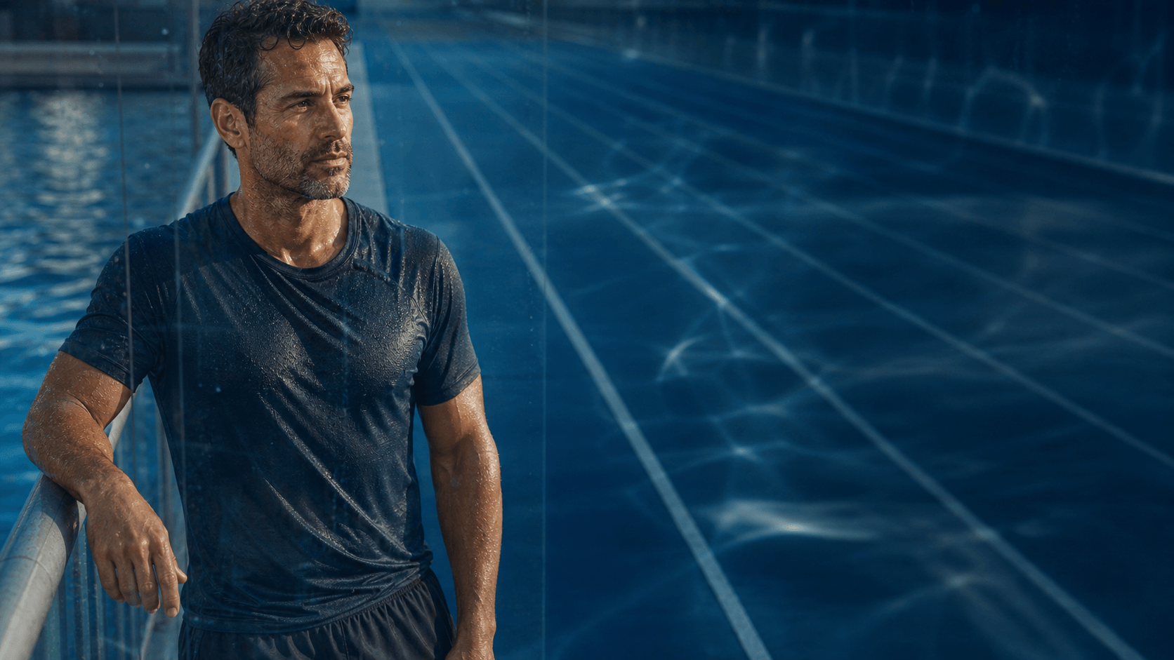 Adult athlete pausing after a hard track session behind rain-streaked glass.