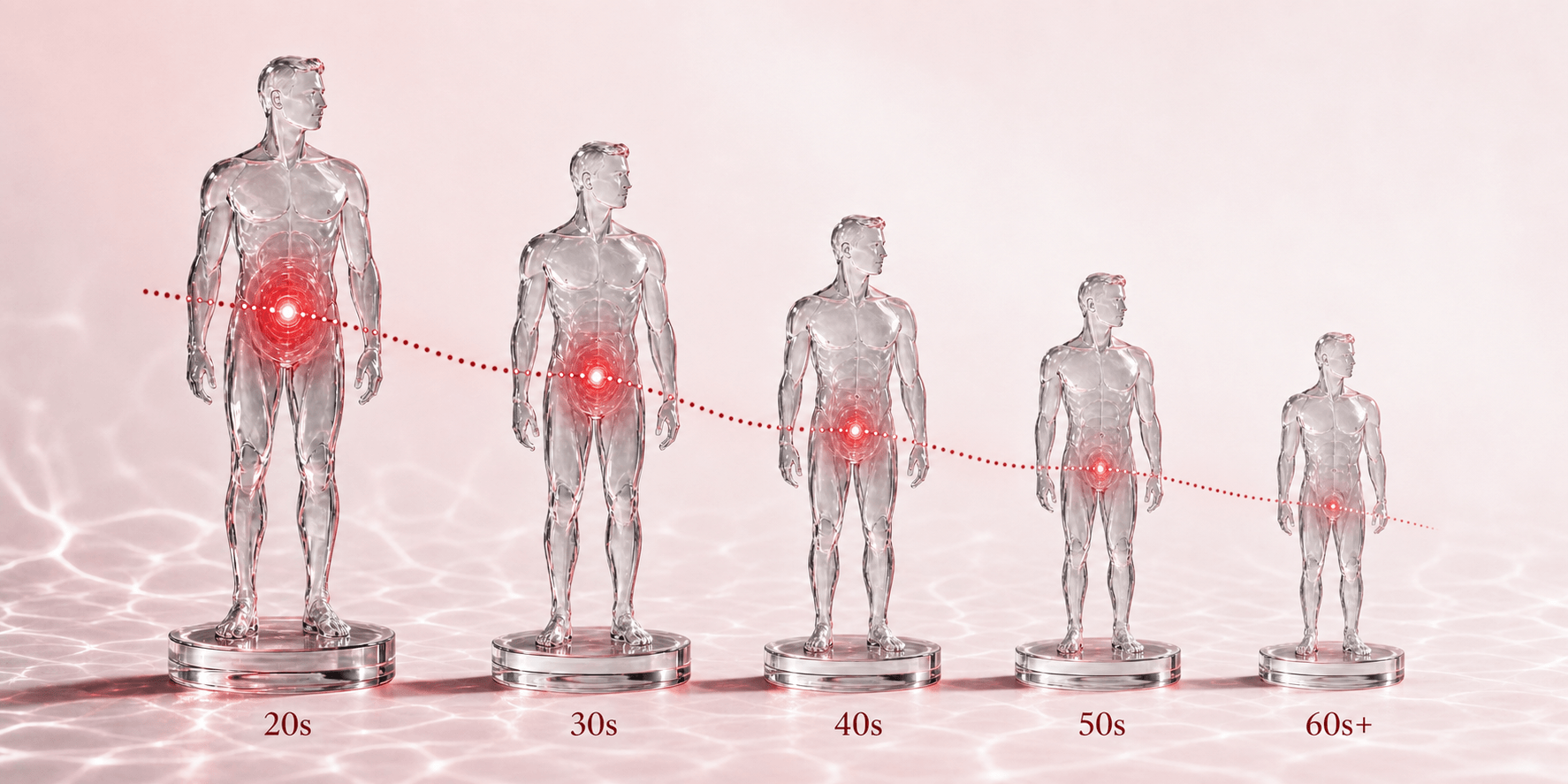 Five translucent amber glass male figurines in a row, shrinking from the 20s to the 60s+, each with a warm glow at its core that dims and descends along a dotted signal line — illustrating how testosterone declines with age.