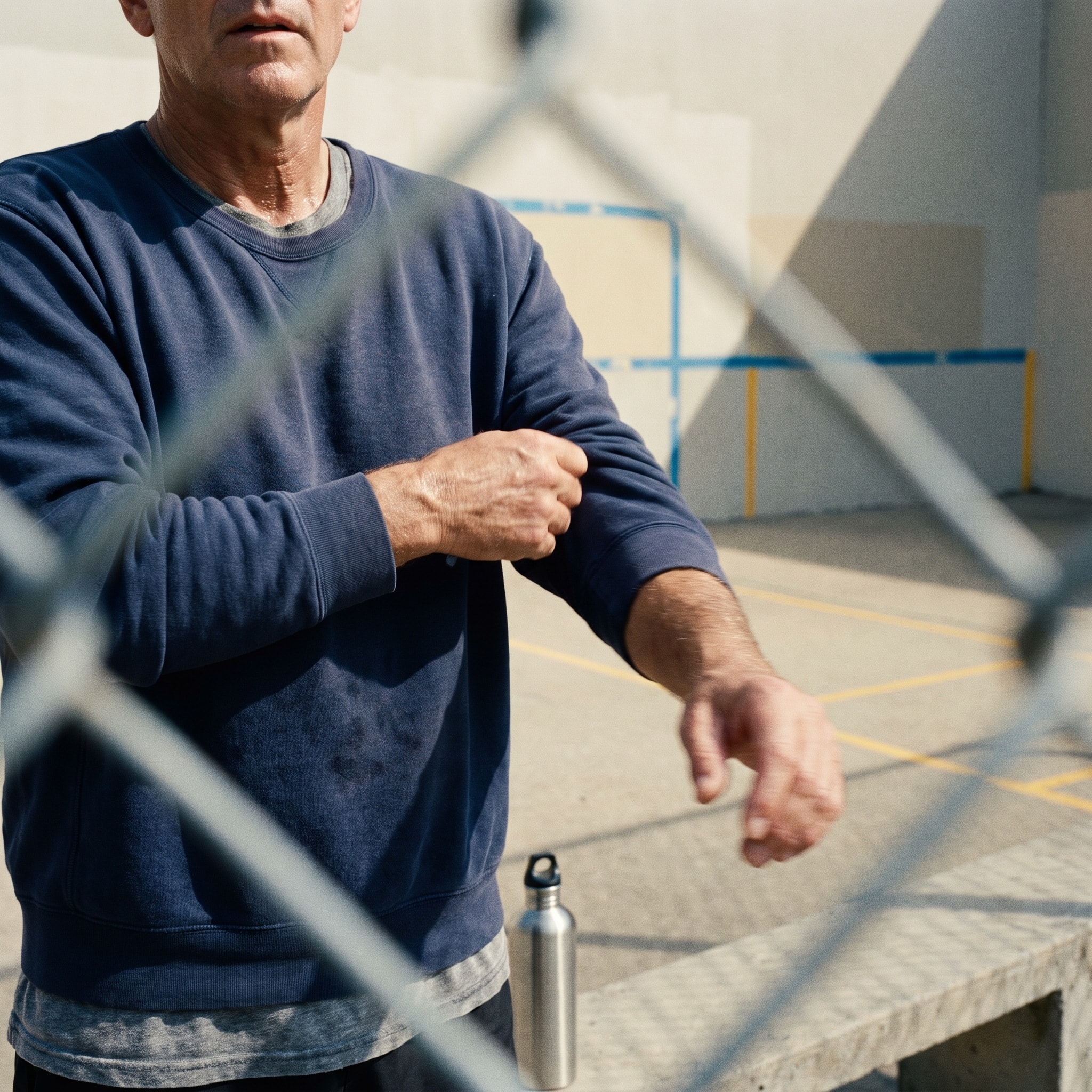 Man pushing up his sleeve on a sunlit outdoor court.