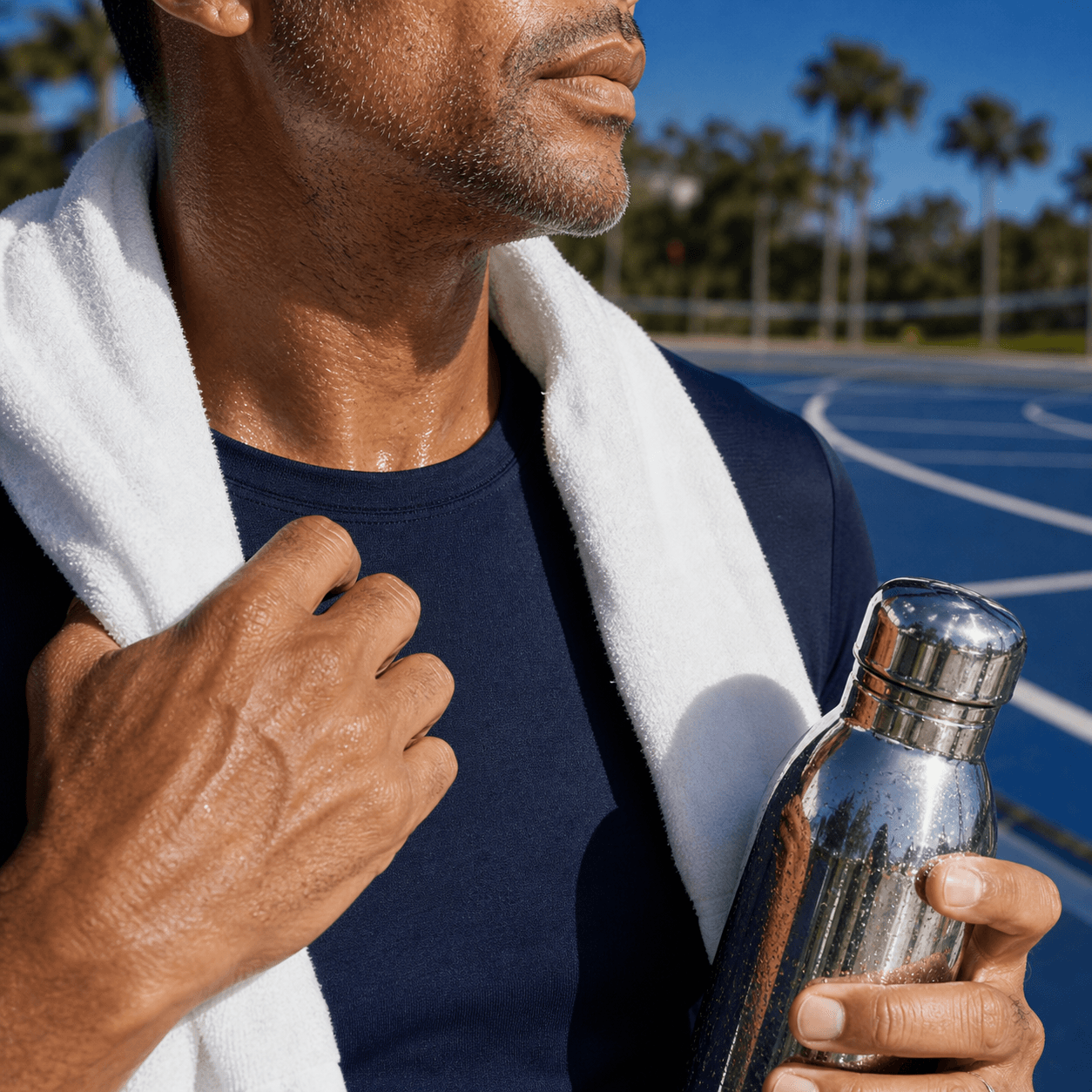 Man after exercise with a towel over his shoulders and a chrome water bottle in hard sun.