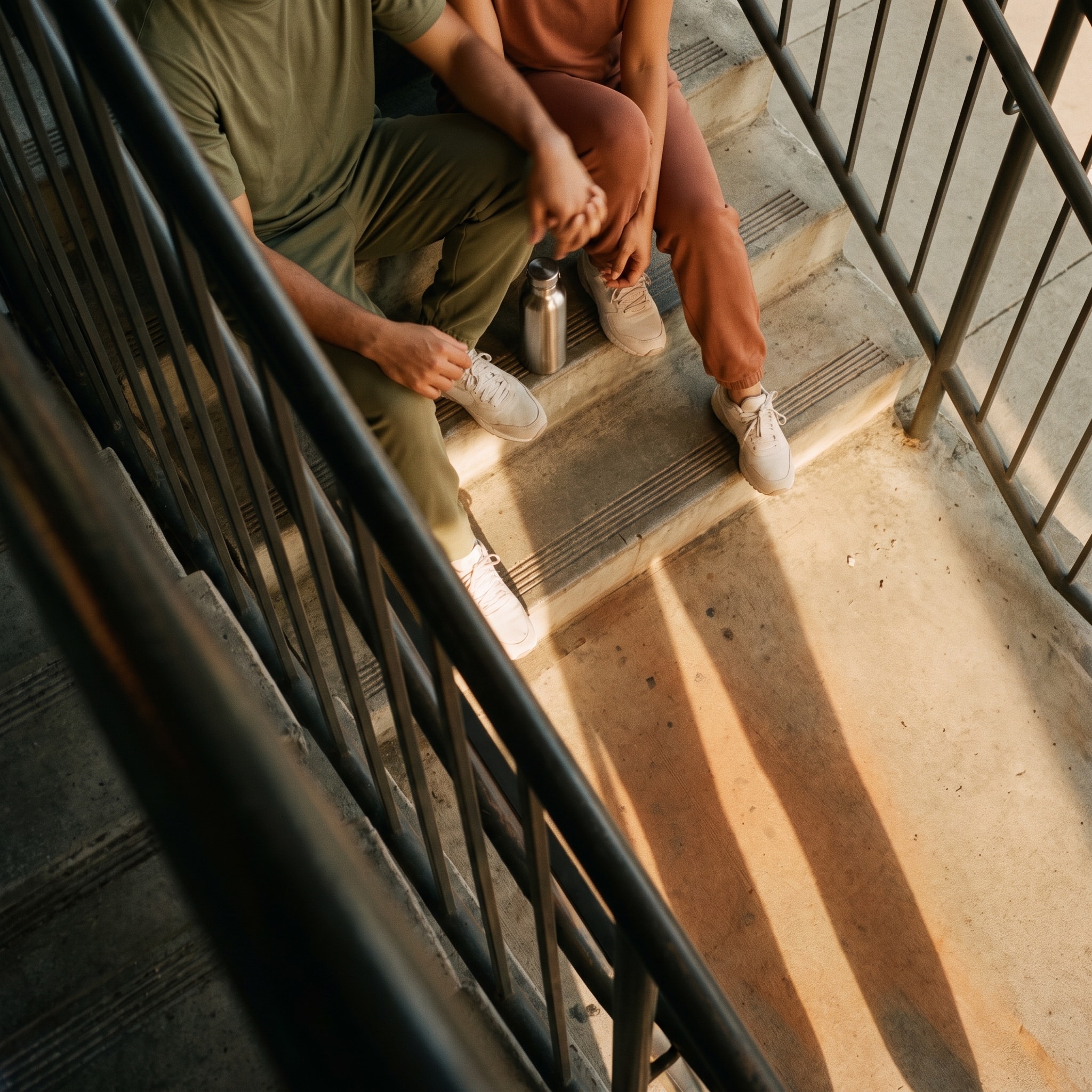 Two people sitting together on sunlit outdoor steps after training.