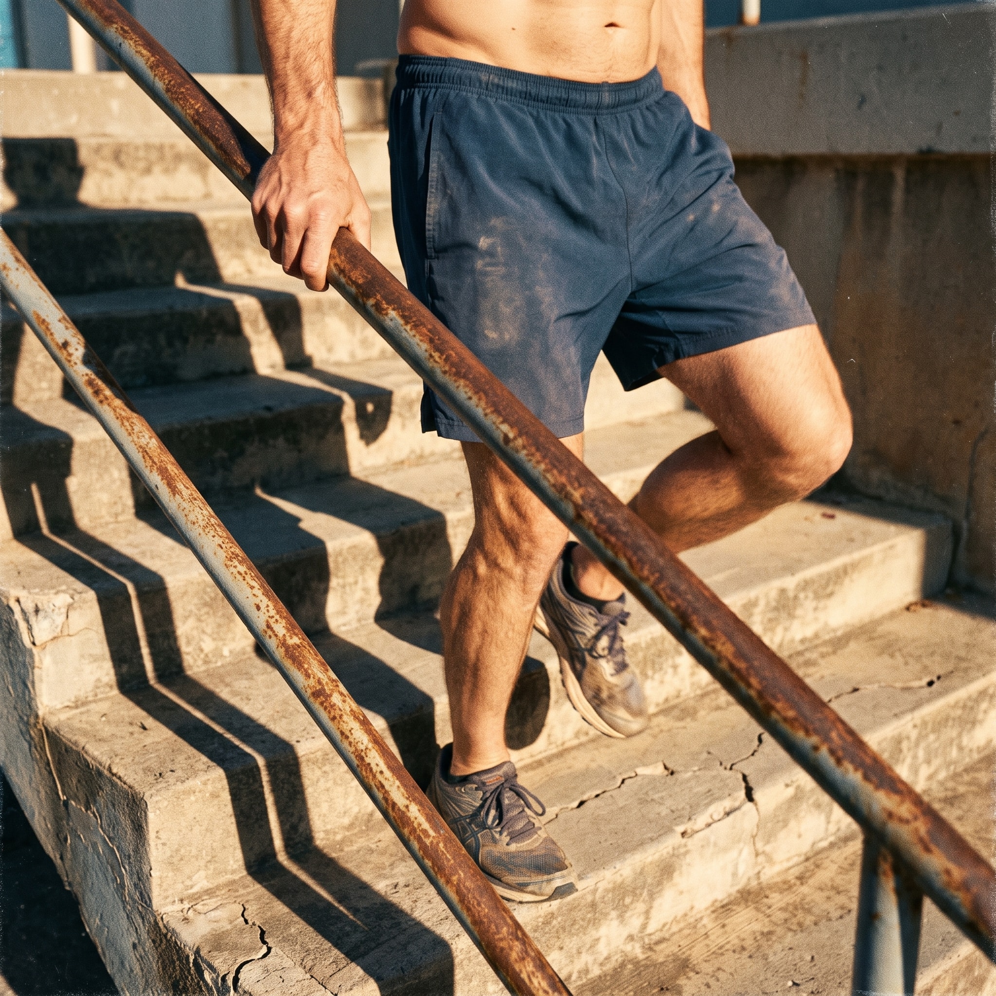 Man climbing outdoor stairs in low sun, hand on the rail.